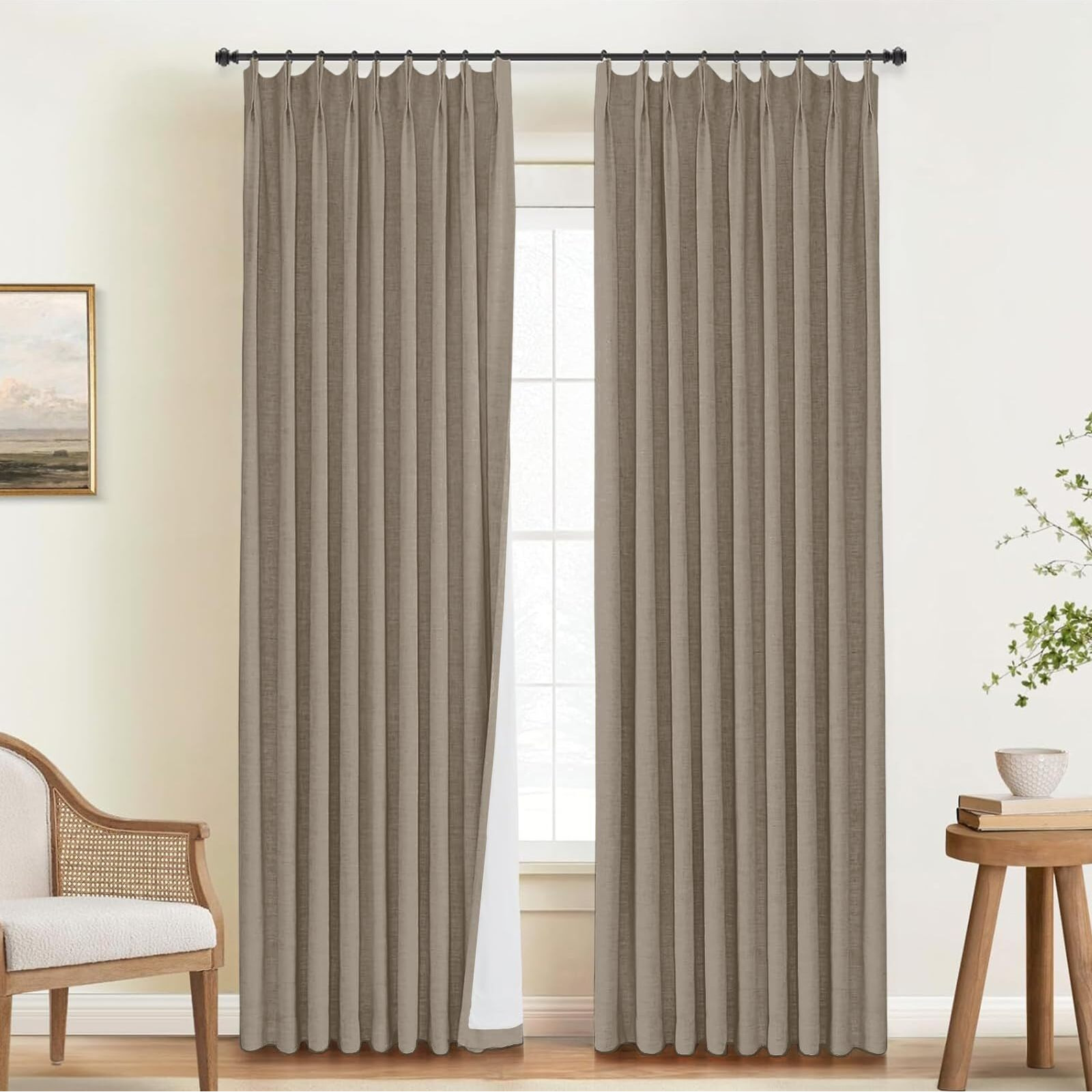 Inovaday 100% Blackout Curtains For Bedroom  Pinch Pleated Linen Blackout Curtains 120 Inch Length 2 Panels Set  Thermal Room Darkening Linen Curtain Drapes For Living Room  W40 X L120  Dark Flax