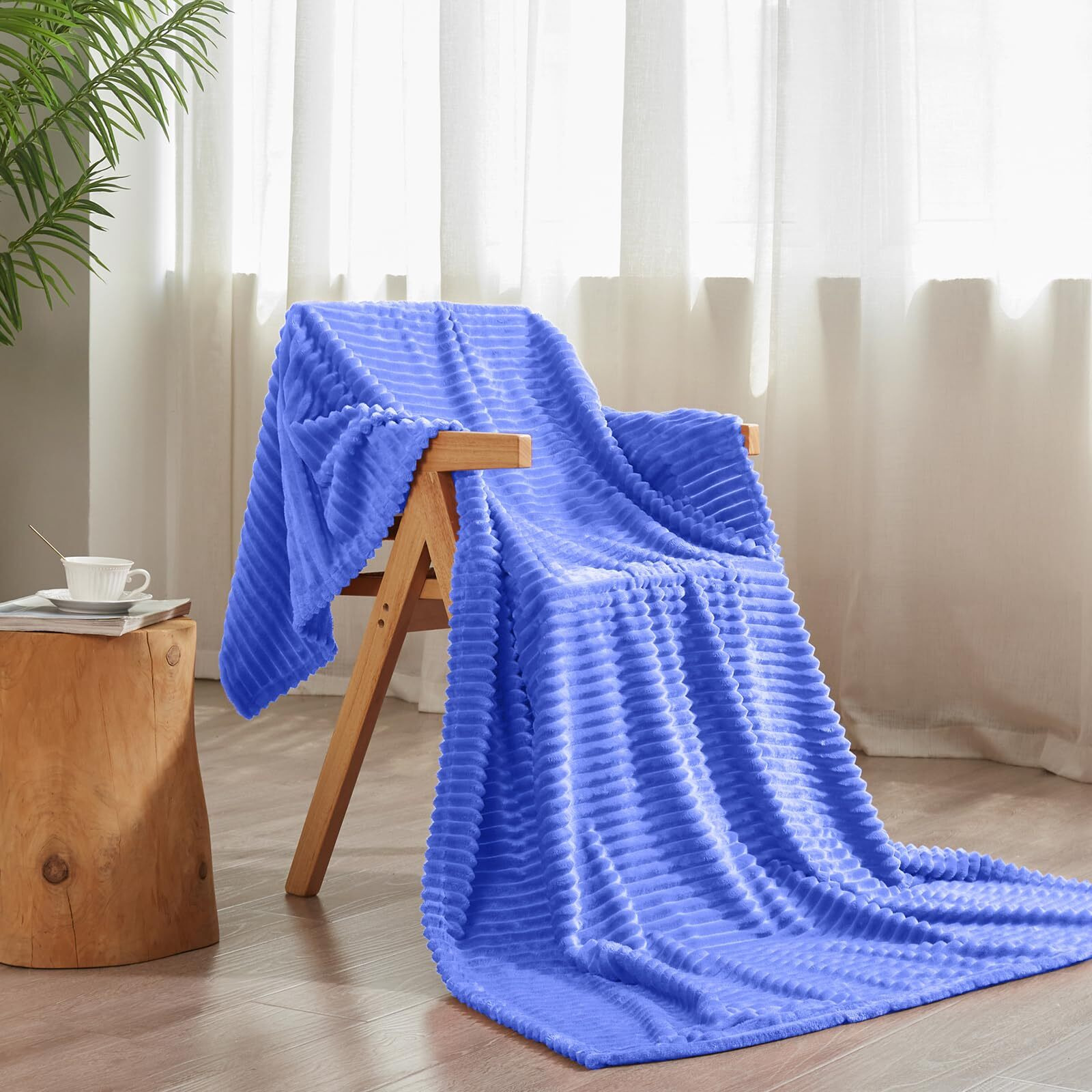 Vessia Flannel Fleece Throw Blanket For Couch Sofa Bed  300Gsm Striped Blue Blanket Throw For Adults And Kids  Super Soft Warm Cozy Lightweight Ribbed Throw For All-Season