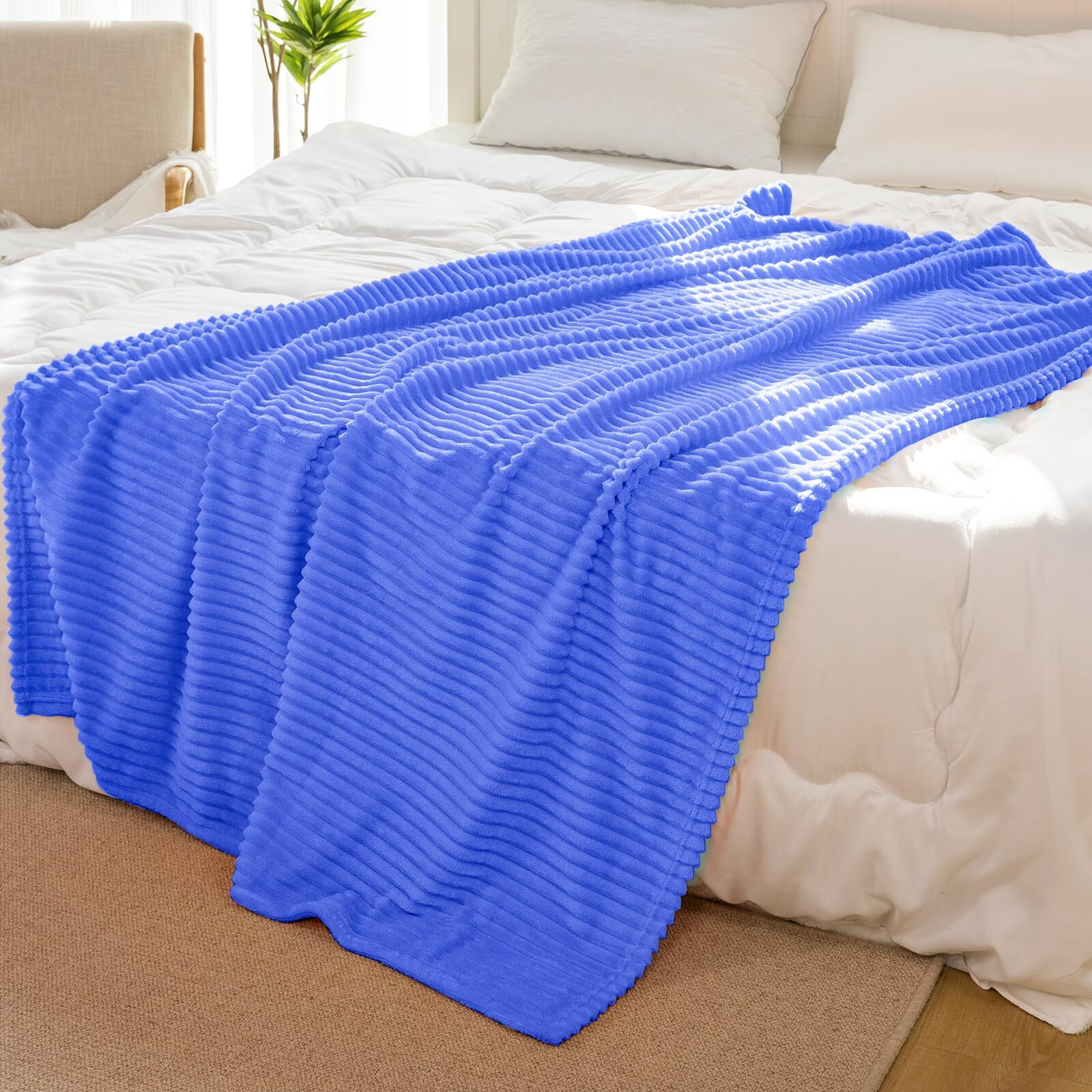 Vessia Flannel Fleece Throw Blanket For Couch Sofa Bed  300Gsm Striped Blue Blanket Throw For Adults And Kids  Super Soft Warm Cozy Lightweight Ribbed Throw For All-Season