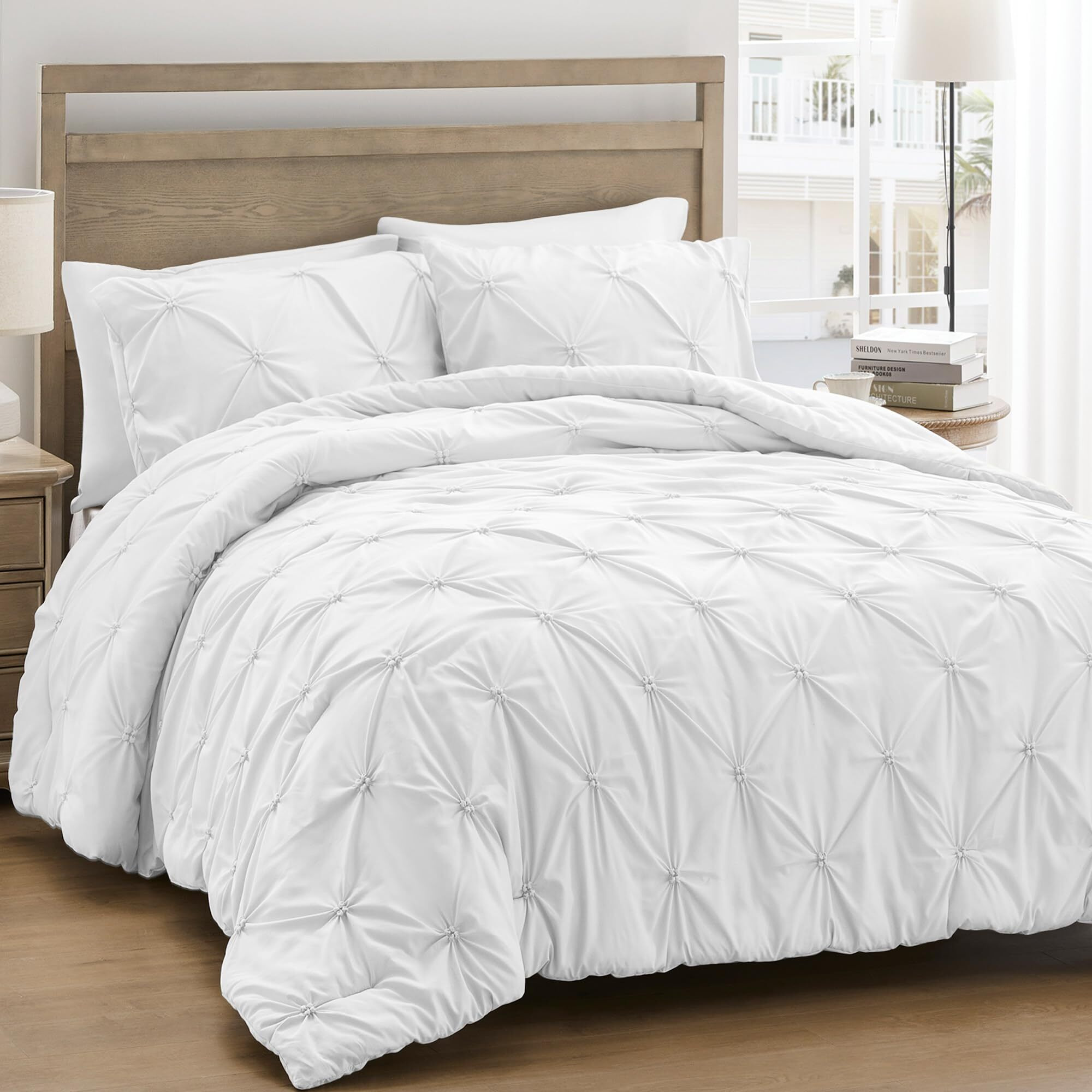 Unikome Queen Comforter Set White - Soft Fluffy Pintuck Down Alternative Bedding Set For All Seasons  3 Pieces Pinch Pleat Solid Bed Set With Comforter  2 Pillowcases