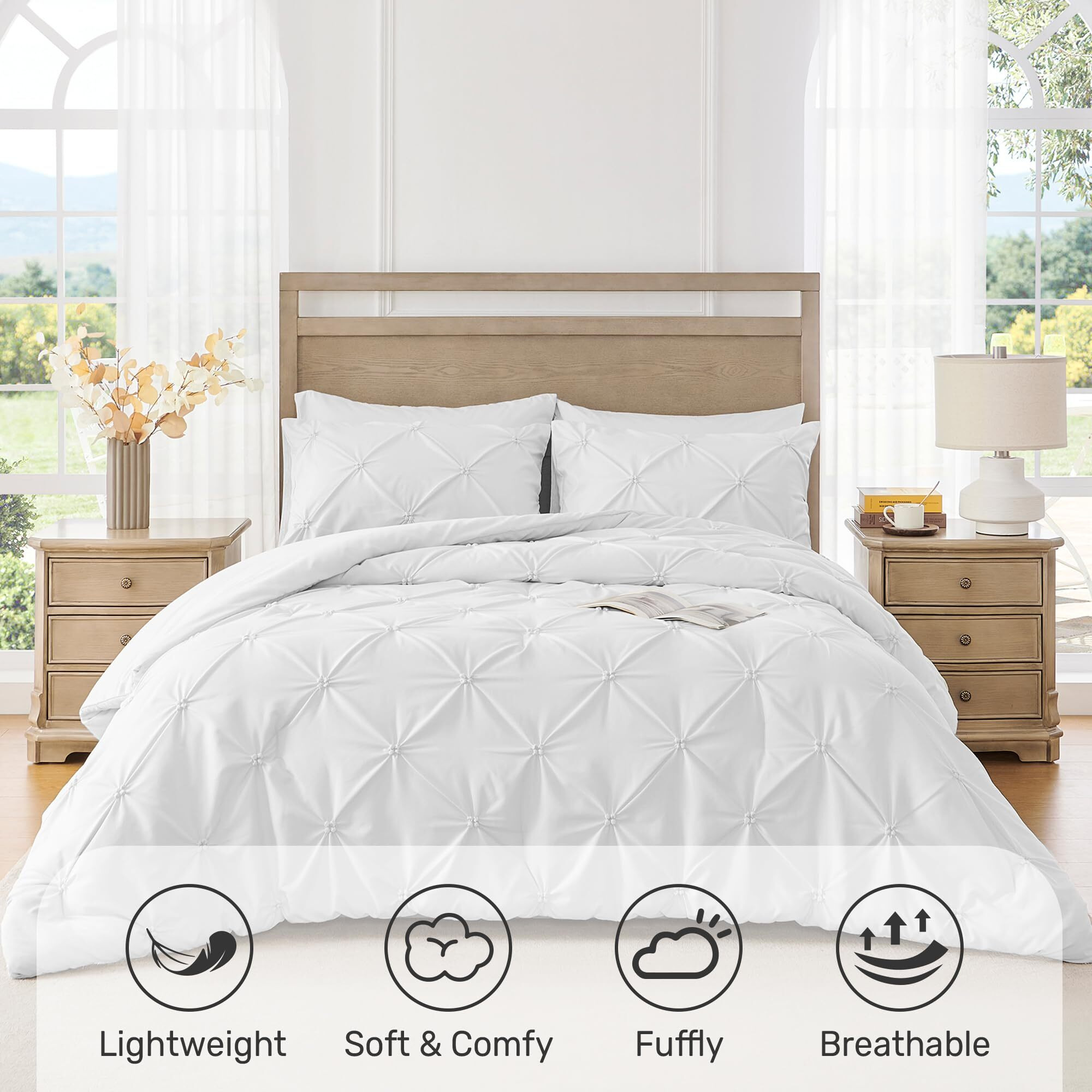 Unikome Queen Comforter Set White - Soft Fluffy Pintuck Down Alternative Bedding Set For All Seasons  3 Pieces Pinch Pleat Solid Bed Set With Comforter  2 Pillowcases