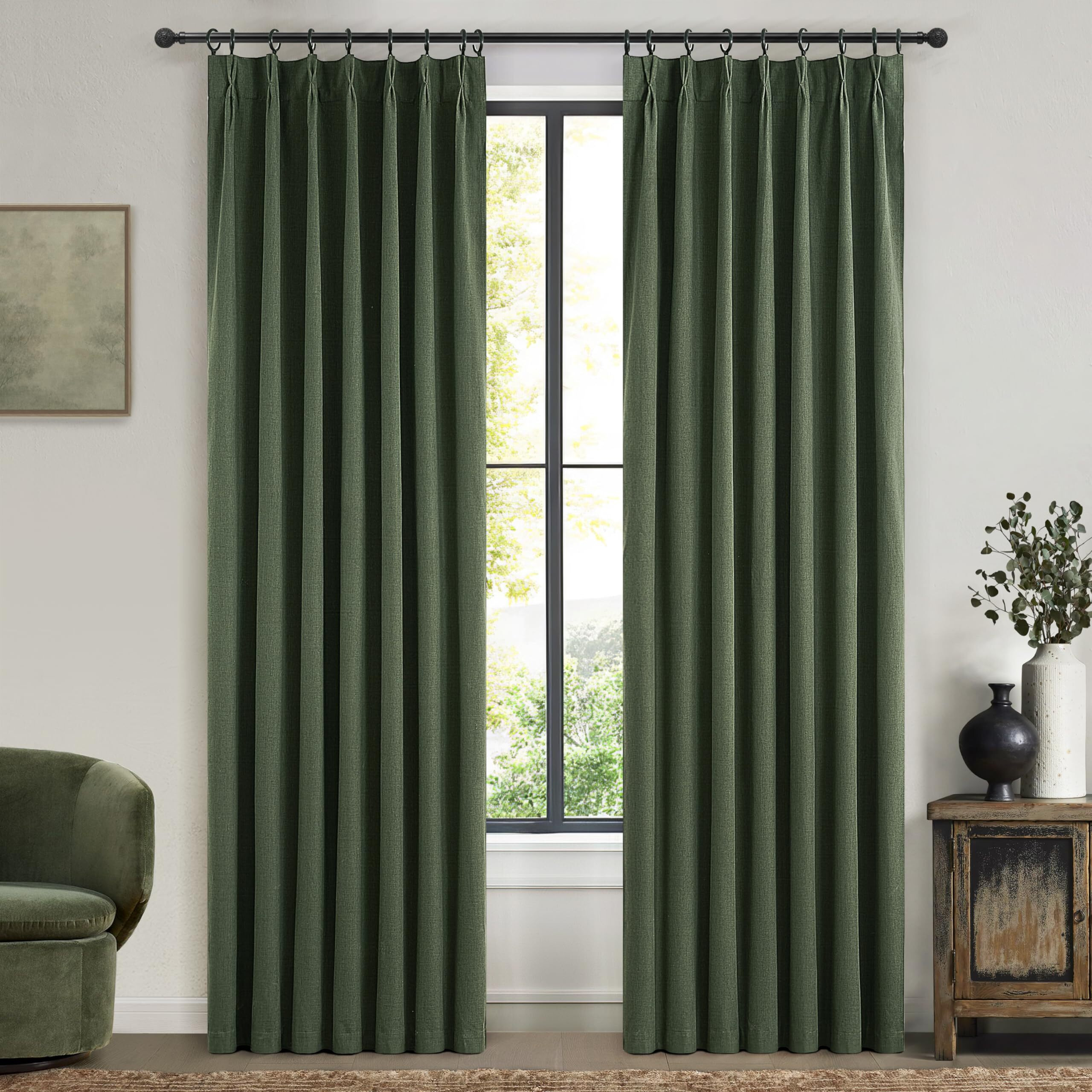 Qjmydeco Dark Olive Green Spring Living Room Curtains Linen 90 Inches Long Pencil Pinch Pleated Traverse Window Curtains Complete Blackout Heat & Cold Blocking For Sliding Glass Door 2 Panels Drapes