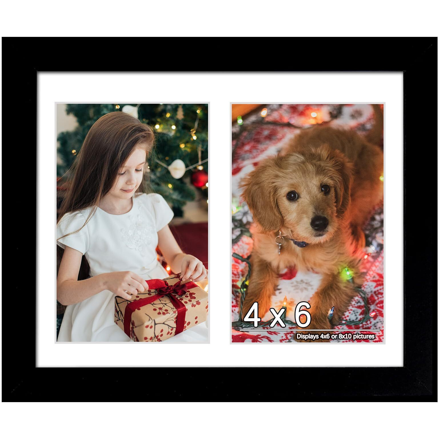 8X10 Double Picture Frame White Mat For Displaying Two 4X6 Pictures  Photo Frame For Wall Mounting Or Tabletop  Black.