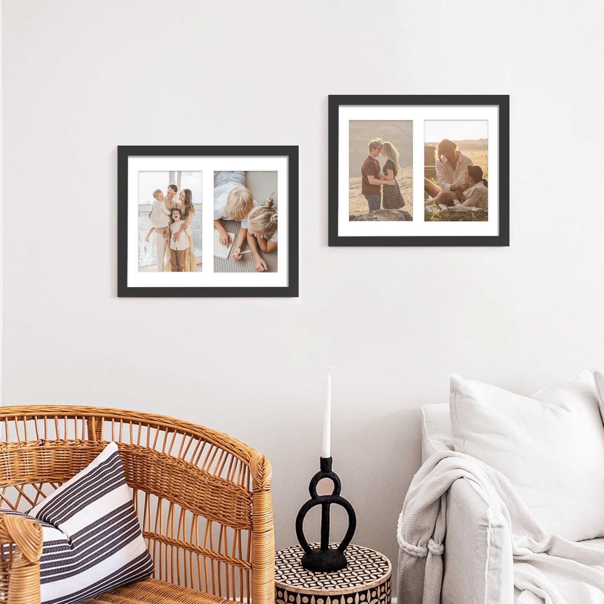 8X10 Double Picture Frame White Mat For Displaying Two 4X6 Pictures  Photo Frame For Wall Mounting Or Tabletop  Black.