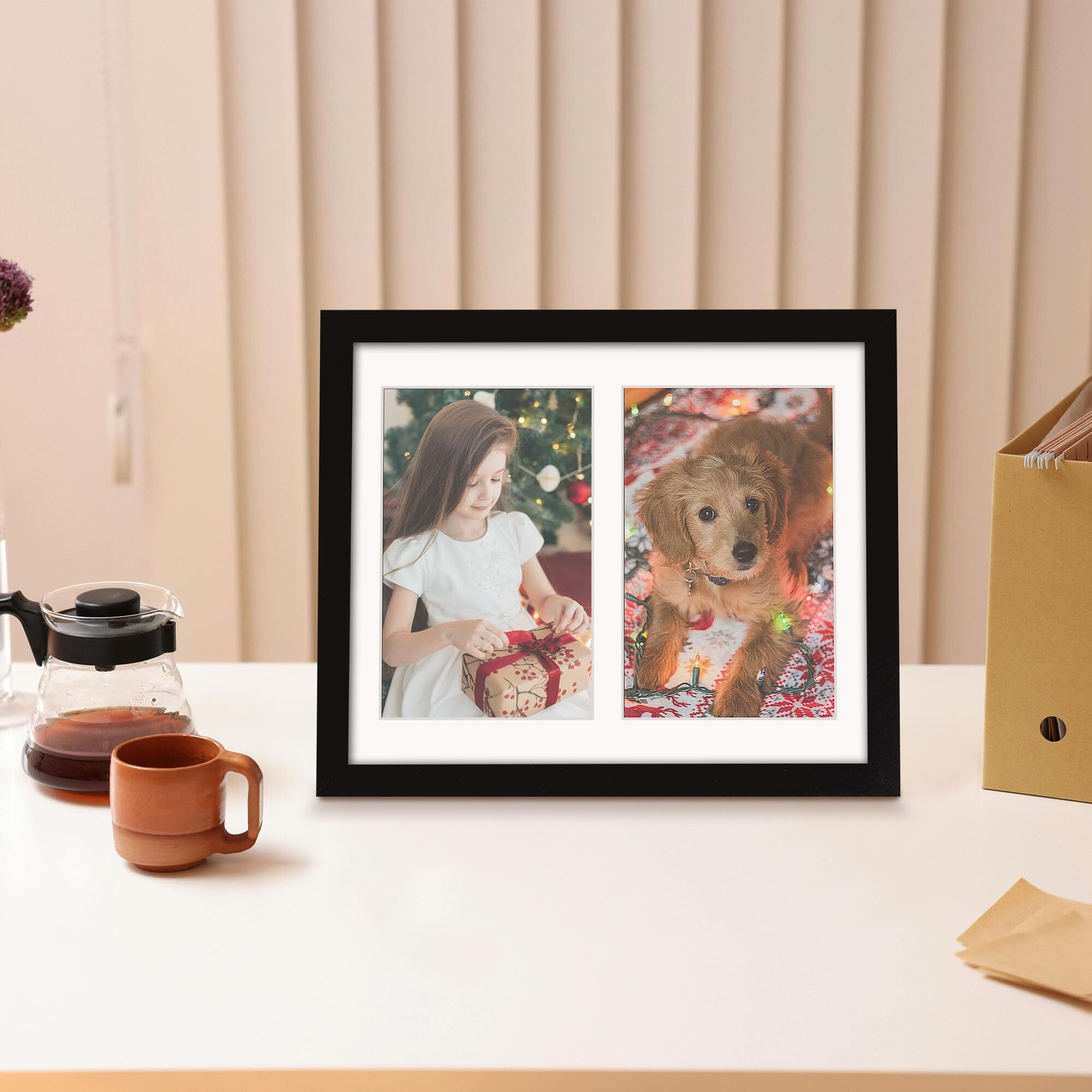 8X10 Double Picture Frame White Mat For Displaying Two 4X6 Pictures  Photo Frame For Wall Mounting Or Tabletop  Black.