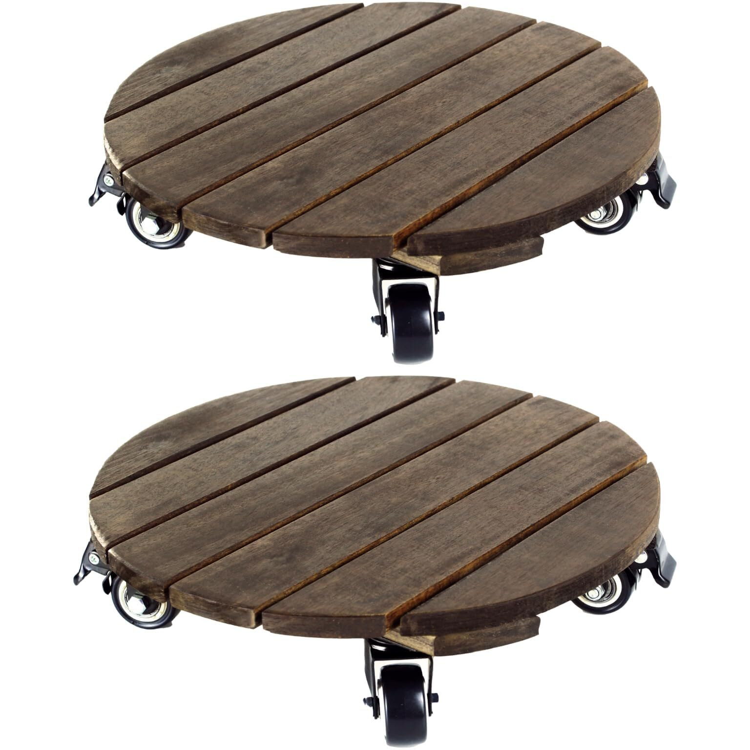 Timberholm-2Pcs-12  Wood Plant Caddy With Wheels  Heavy Duty Rolling Plant Stand  Plant Dolly Roller  360 Lockable Metal Caster Wheels  For Indoor  Outdoor  Patio Large Plant Pot (Round - Walnut)