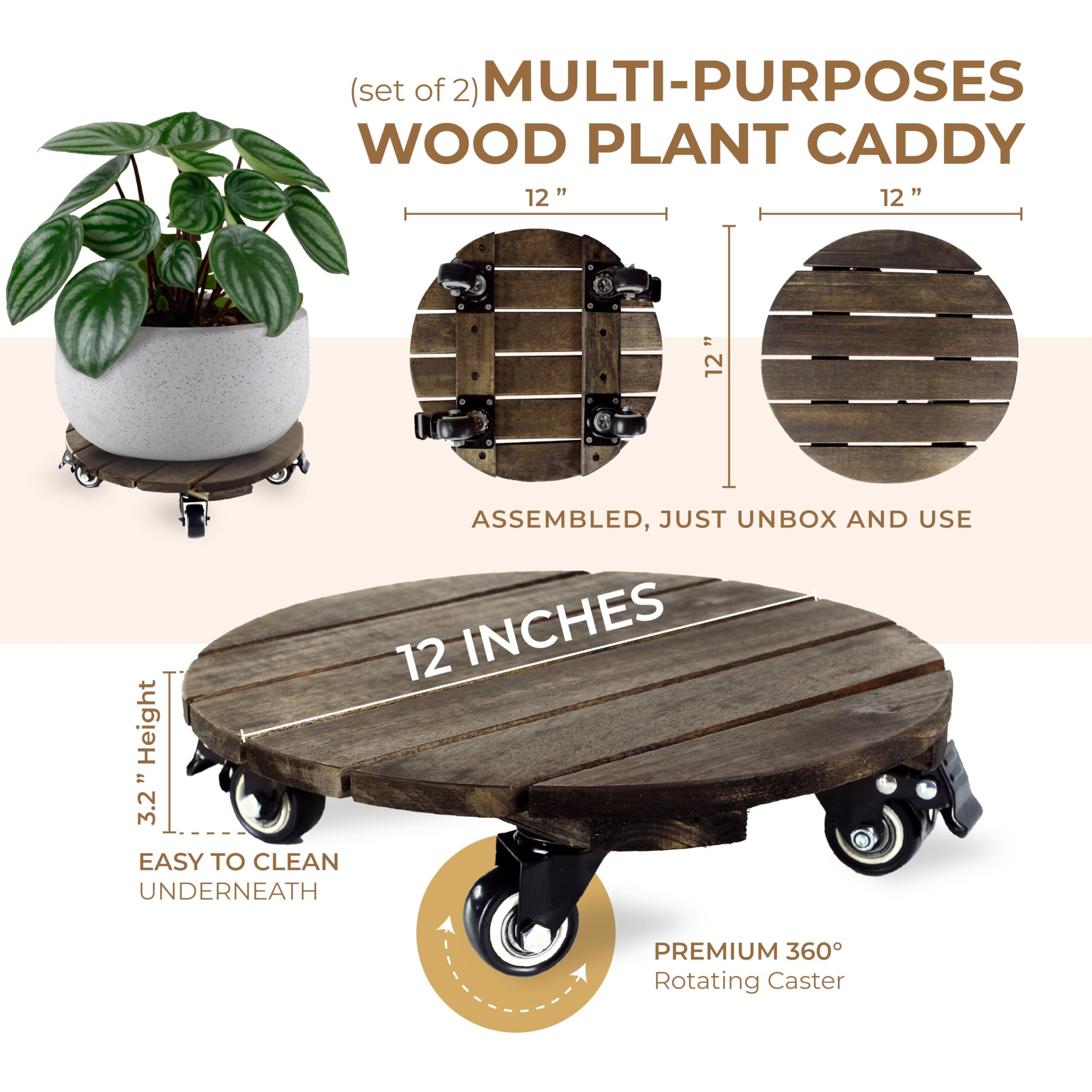 Timberholm-2Pcs-12  Wood Plant Caddy With Wheels  Heavy Duty Rolling Plant Stand  Plant Dolly Roller  360 Lockable Metal Caster Wheels  For Indoor  Outdoor  Patio Large Plant Pot (Round - Walnut)