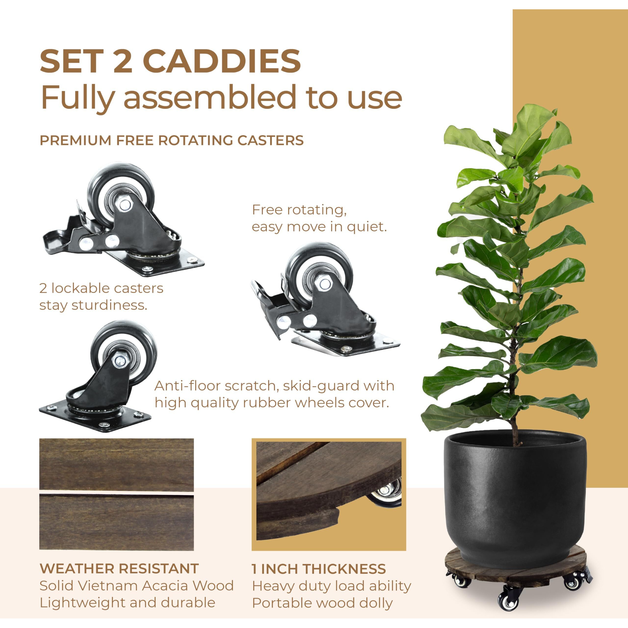 Timberholm-2Pcs-12  Wood Plant Caddy With Wheels  Heavy Duty Rolling Plant Stand  Plant Dolly Roller  360 Lockable Metal Caster Wheels  For Indoor  Outdoor  Patio Large Plant Pot (Round - Walnut)