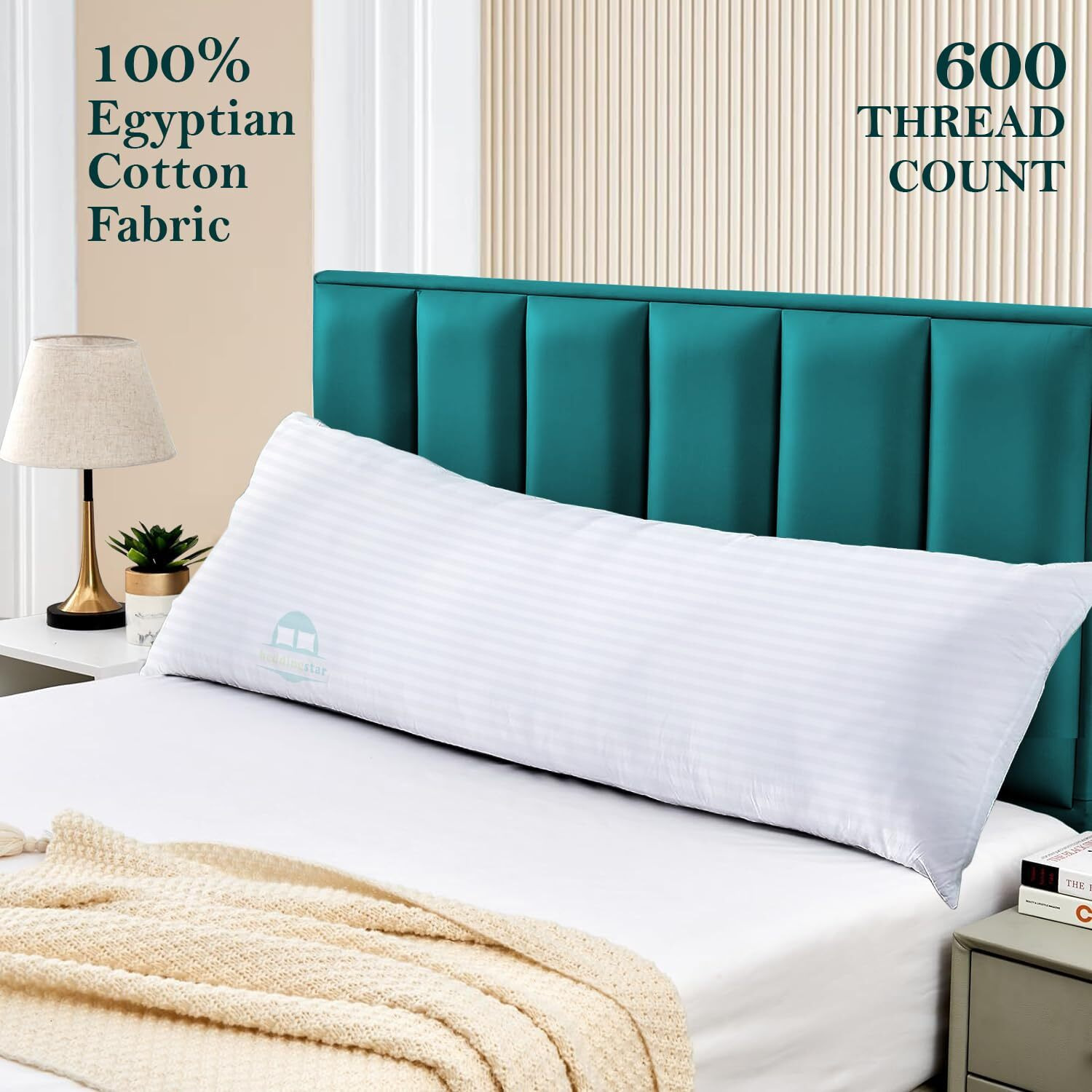 Body Pillow Case 20 X 48 Body Pillow Cover White Stripe Zipper Closer Set Of 1 Pc Premium- 600 Thread Count Hotel Quality 100% Egyptian Cotton Body Pillowcases 20 X 48 White Stripe