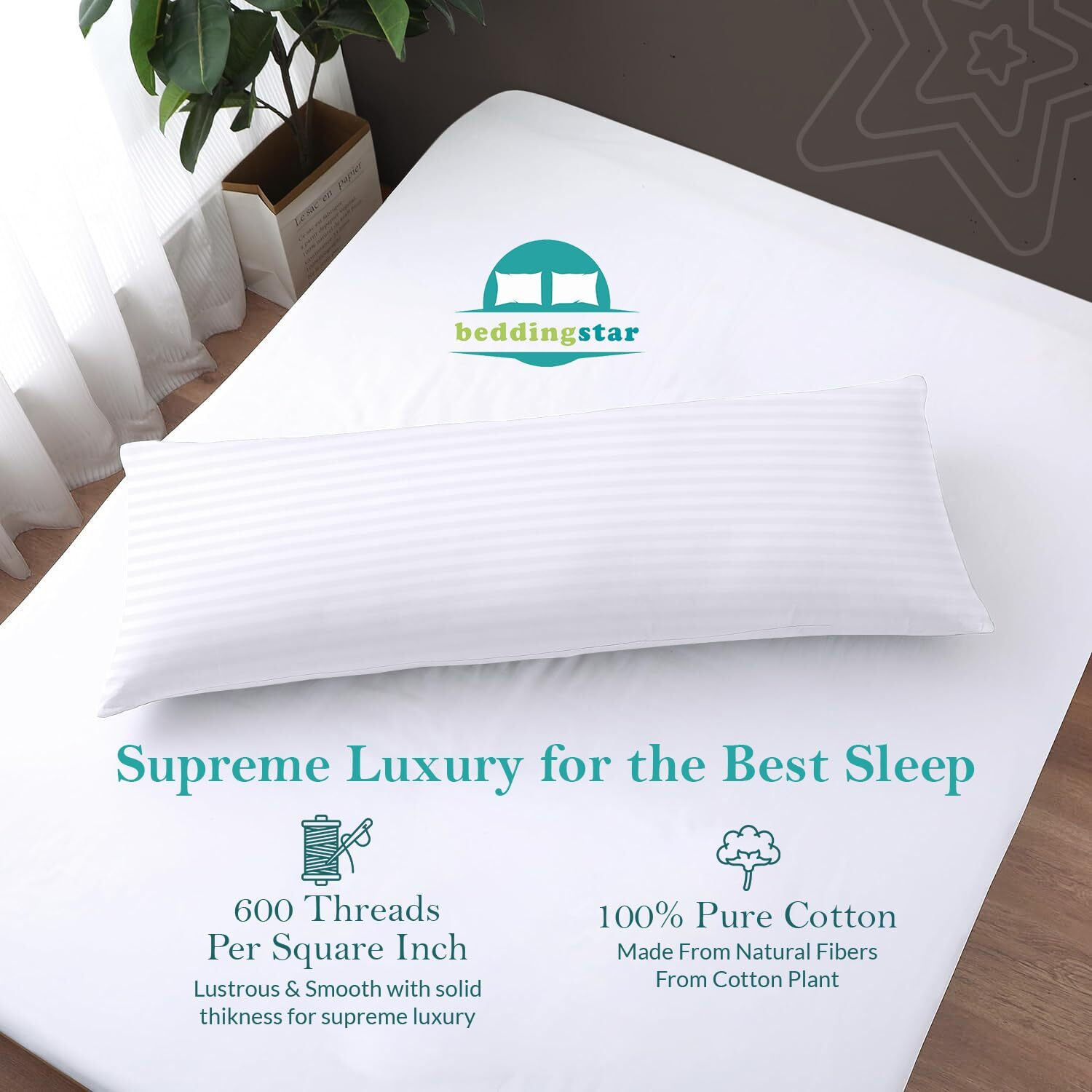 Body Pillow Case 20 X 48 Body Pillow Cover White Stripe Zipper Closer Set Of 1 Pc Premium- 600 Thread Count Hotel Quality 100% Egyptian Cotton Body Pillowcases 20 X 48 White Stripe