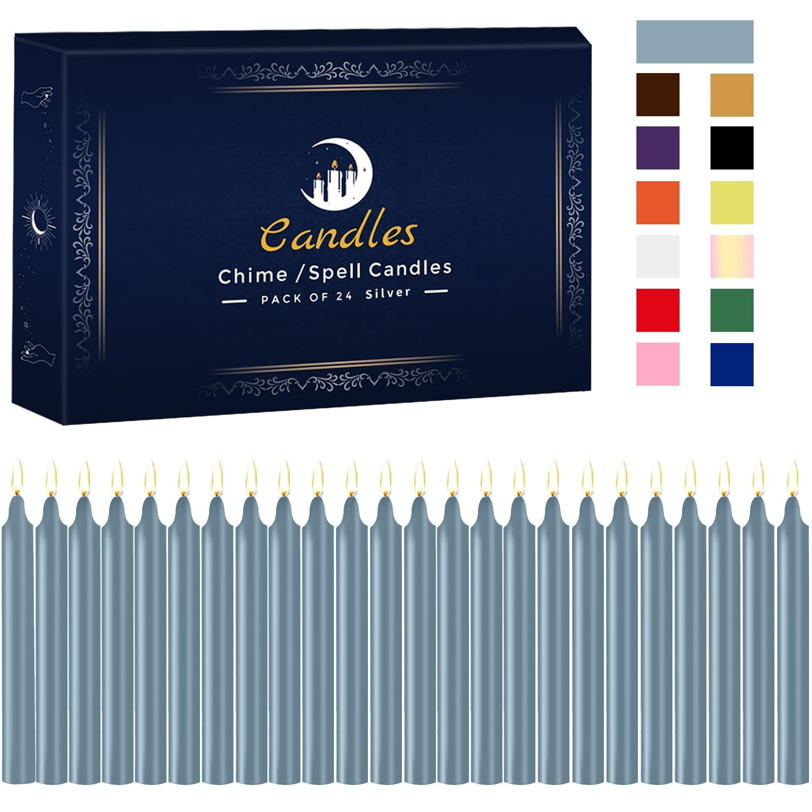 24 Pack Silver Spell Chime Candles - Premium Mini Unscented Taper Candles For Rituals  Prayer  Birthdays  Meditation  Altar  Spells  Chime Candles - 4 Inch Tall - Ideal For Witches