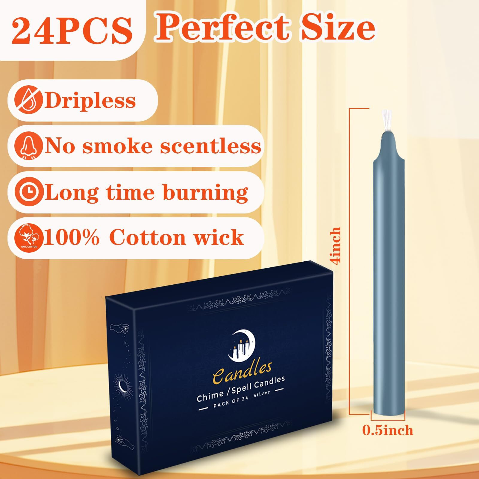 24 Pack Silver Spell Chime Candles - Premium Mini Unscented Taper Candles For Rituals  Prayer  Birthdays  Meditation  Altar  Spells  Chime Candles - 4 Inch Tall - Ideal For Witches