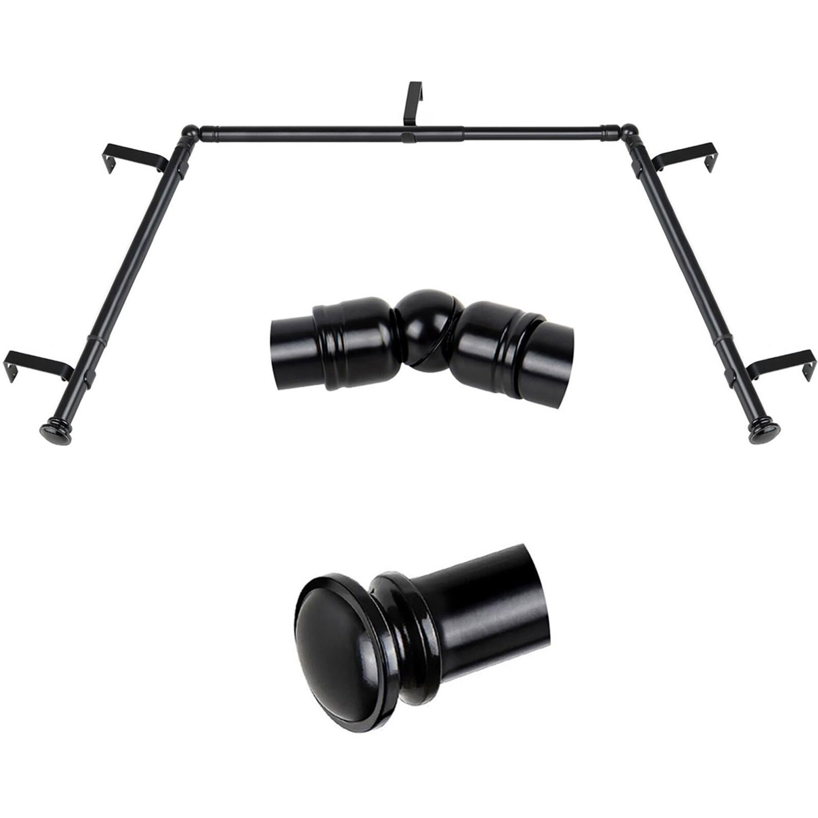 Tonial Bay Window Curtain Rods  36 To 72 Inch Center Rod For Window  20 To 36 Inch Side Rods For Windows 3/4 Inch Decorative Drapery Rods With Small Cap Finial  Light Black