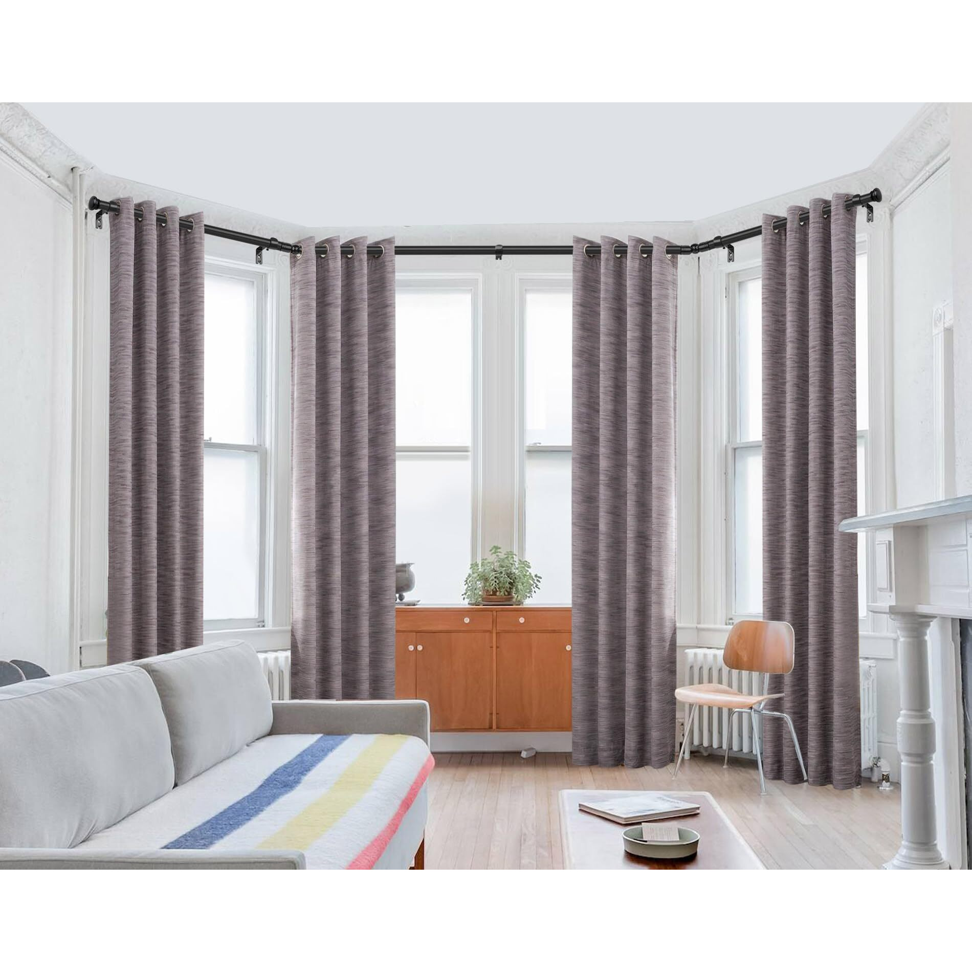 Tonial Bay Window Curtain Rods  36 To 72 Inch Center Rod For Window  20 To 36 Inch Side Rods For Windows 3/4 Inch Decorative Drapery Rods With Small Cap Finial  Light Black