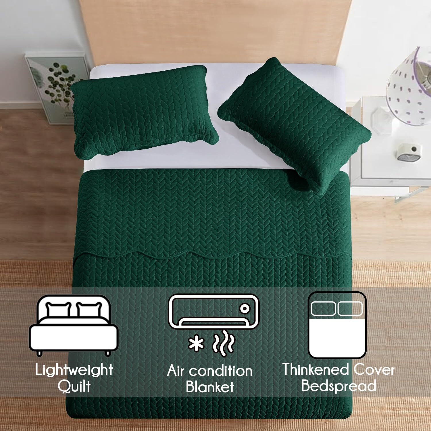 Ir Imperial Rooms Twin Quilt Bedding Set Size (66  X 86 ) + 1 Pillow Shams (20  X 26  + 2 ) - 2 Pcs All Season Lightweight Reversible Microfiber Coverlet Embossed Quilt Bedspread (Emerald)