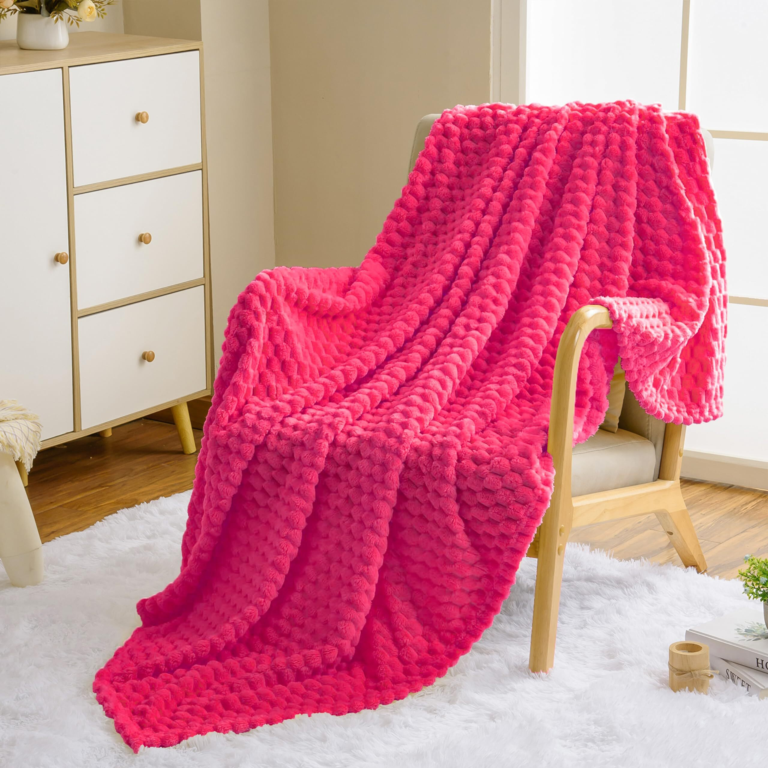 Vessia Flannel Fleece Throw Blanket(50X70 Inch)  3D Jacquard Hot Pink Fuzzy And Warm Blanket For Couch Sofa Bed Chair  300Gsm Super Soft Touch Cozy Lightweight Throw For All-Season Home Decor