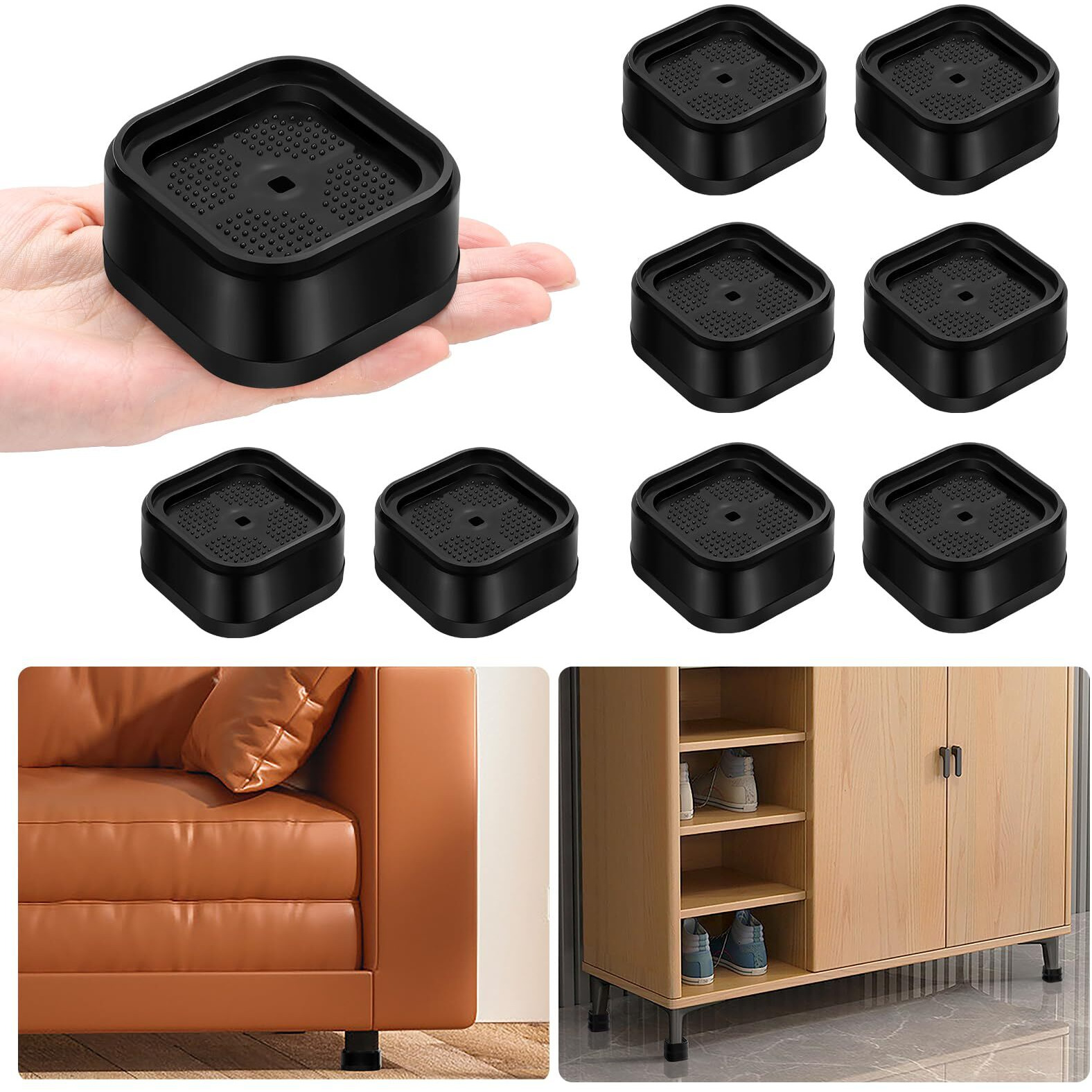 Shouwuhho 8 Pack Furniture Risers Adjustable Bed Risers Heavy Duty Lifts Height 1""  Square Stackable Bed Risers 1  2 Or 3 Inch For Desk Leg Table Couch Sofa Chair Bed Frame Legs Dorm  Black
