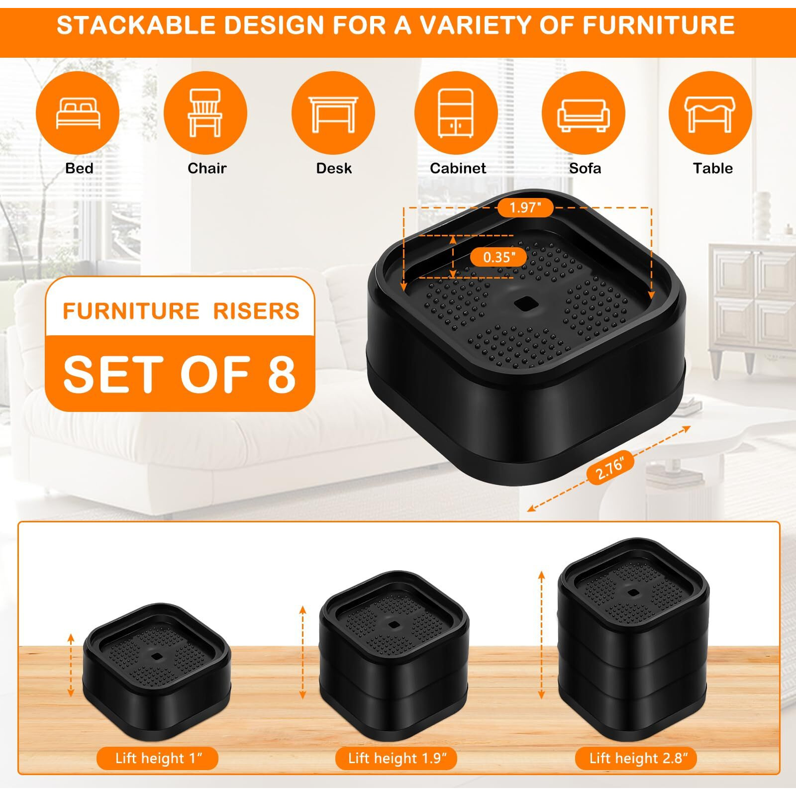 Shouwuhho 8 Pack Furniture Risers Adjustable Bed Risers Heavy Duty Lifts Height 1""  Square Stackable Bed Risers 1  2 Or 3 Inch For Desk Leg Table Couch Sofa Chair Bed Frame Legs Dorm  Black