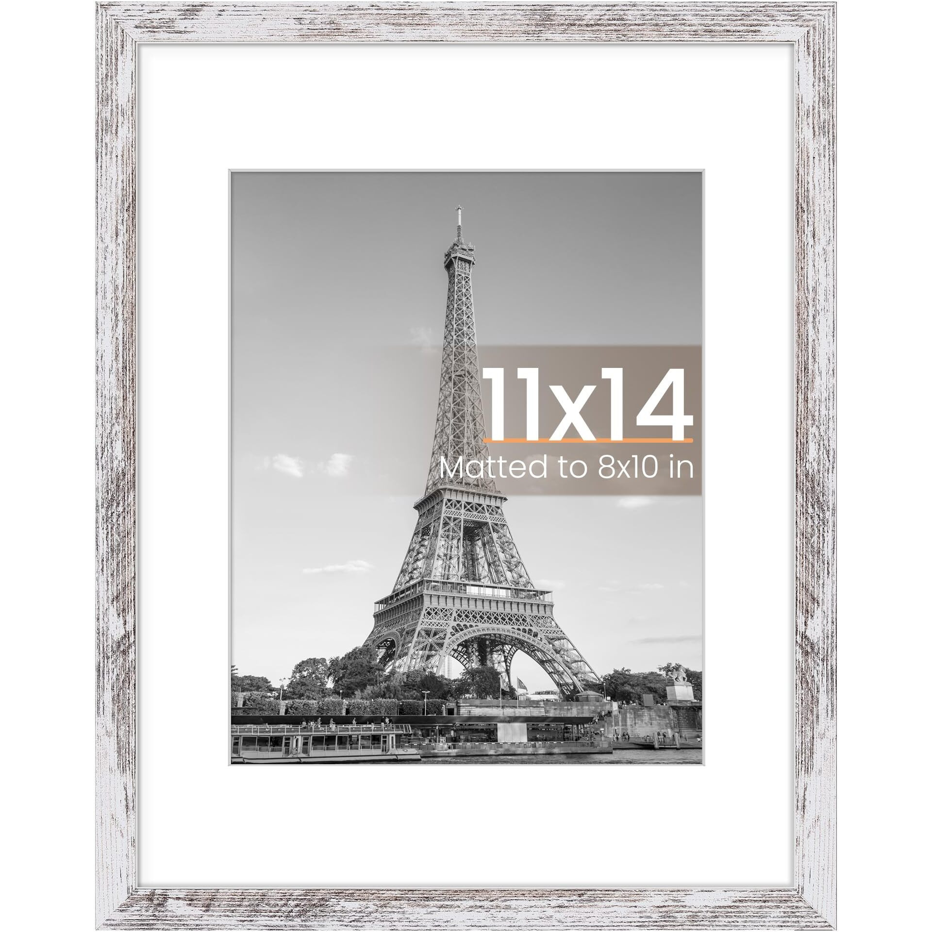 Upsimples 11X14 Picture Frame  Display Pictures 8X10 With Mat Or 11X14 Without Mat  Wall Hanging Photo Frame  Rustic White  1 Pack