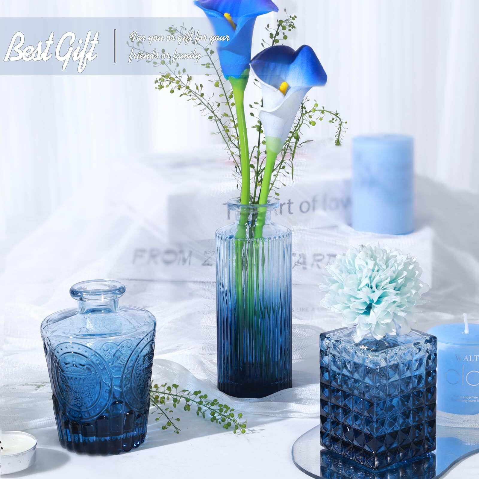 Tbwind Glass Bud Vase Set Of 24  Small Blue Flower Vases For Centerpieces In Bulk  Mini Vintage Vase For Wedding Decor  Single Flowers  And Home Table DCor