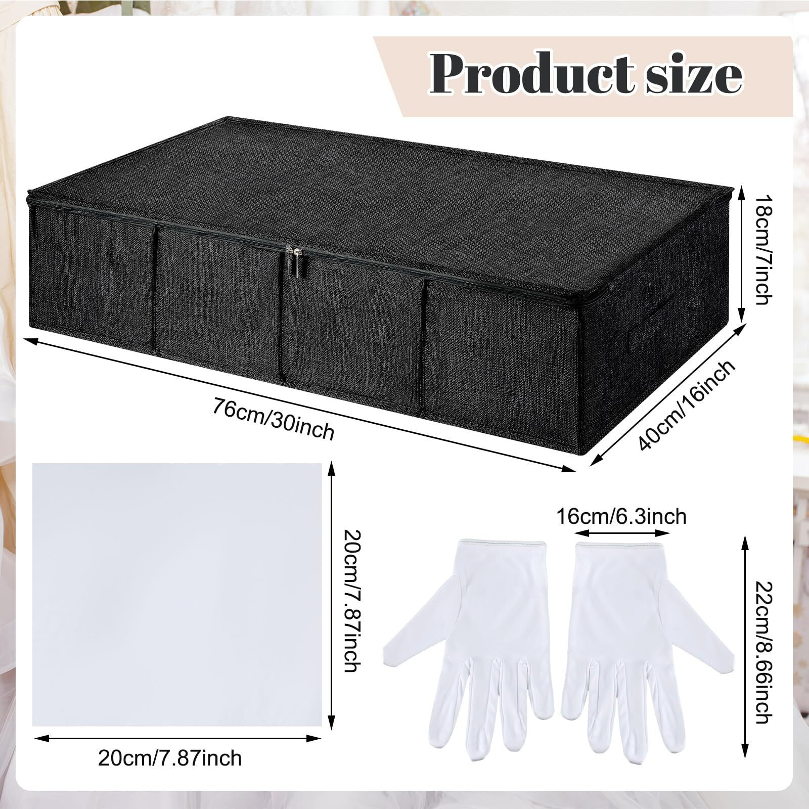 Wedding Dress Preservation Box Kit Wedding Dress Storage Box With 1 Pair Microfiber Gloves And 100 Sheets Of Acid Free Tissue Paper For Storage Wedding Dress Gown (Black 30 X 15.7 X 7 Inch)