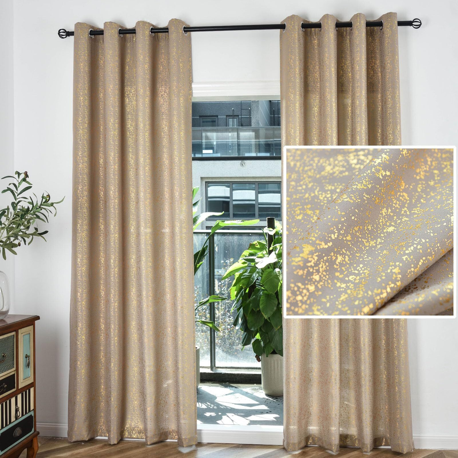 Terlytex Gold Curtains 63 Inch Length  Metallic Gold Foil Print Sparkle Curtains For Bedroom  Grommet Privacy Semi-Sheer Shimmer Gold Window Curtain 2 Panels  52 X 63 Inch  Gold Taupe