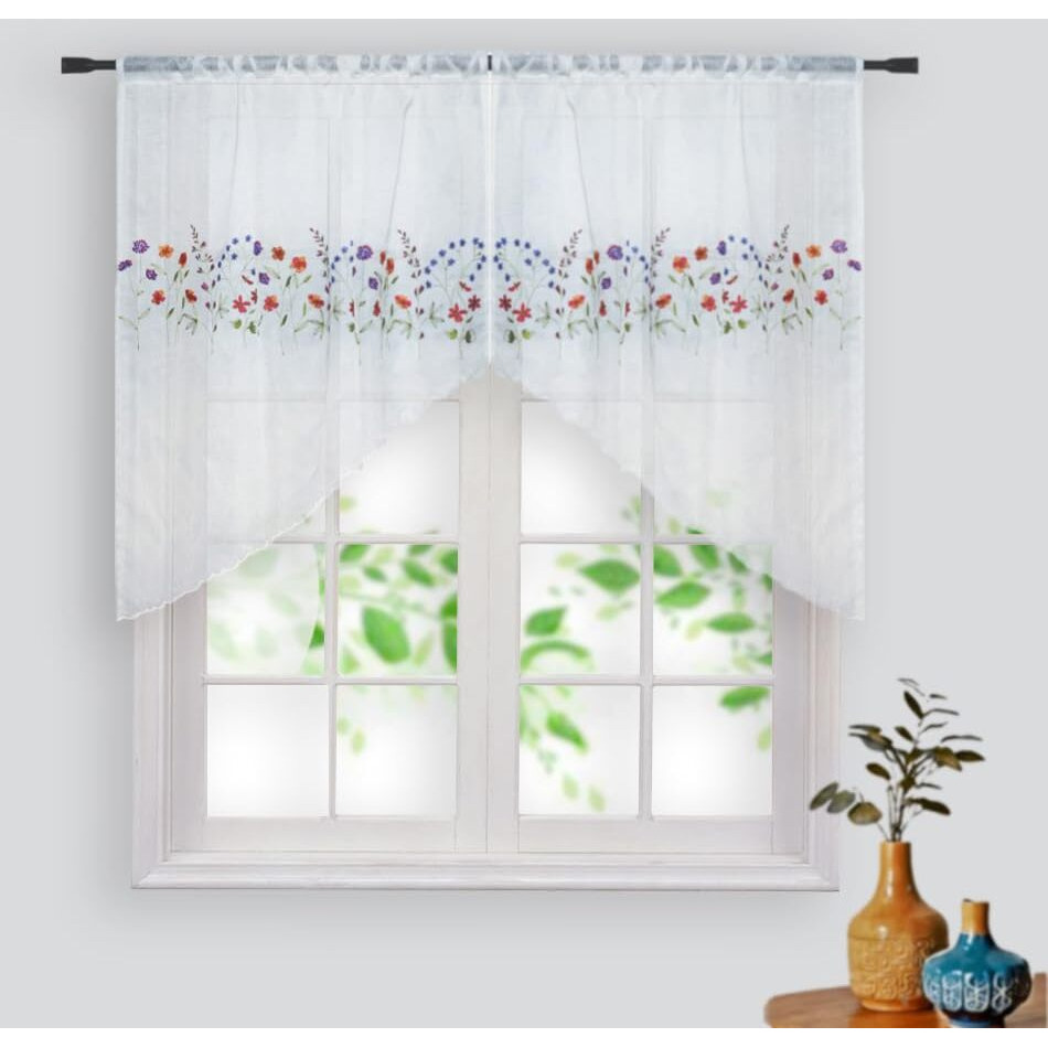 Yurlisa 027 Floral Embroidery Pastoral Style Short Valance For Small Windows  White Sheer Flowers Valances Home Swag Curtain For Farmhouses Kitchen 36X36 Inch  1 Pair (Wild Flower)