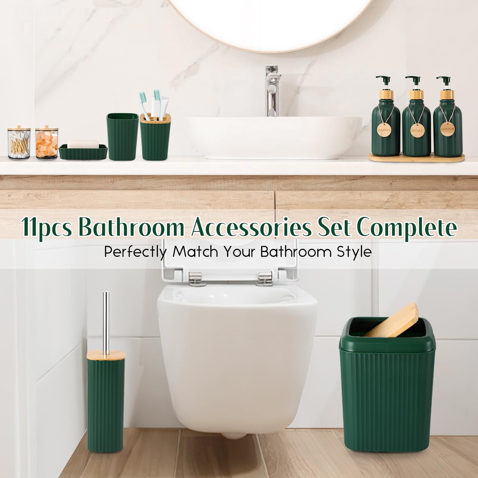 Green Bathroom Set 17Pcs Bathroom Set With Bathroom Trash Can 3Pcs Lotion Soap Dispenser Bathroom Accessories Set Green Bathroom Sets For Bathroom Decor