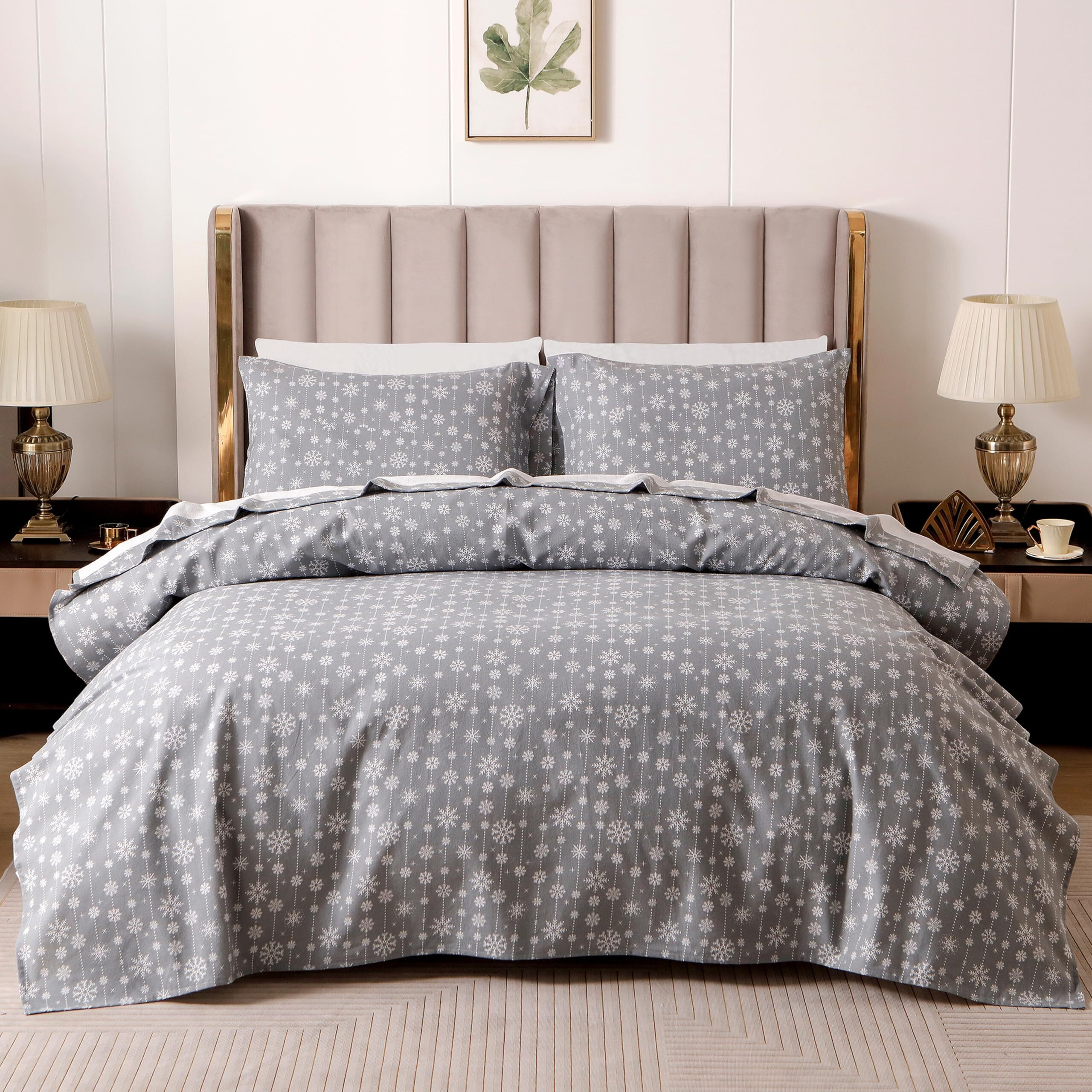 Elegant Comfort Ultra Soft 4-Piece 100% Turkish Cotton Flannel Sheet Set - Holiday Christmas Flannel Sheets  Warm And Cozy Premium Quality  Deep Pocket Fitted Sheet- Full  Snowflake Gray