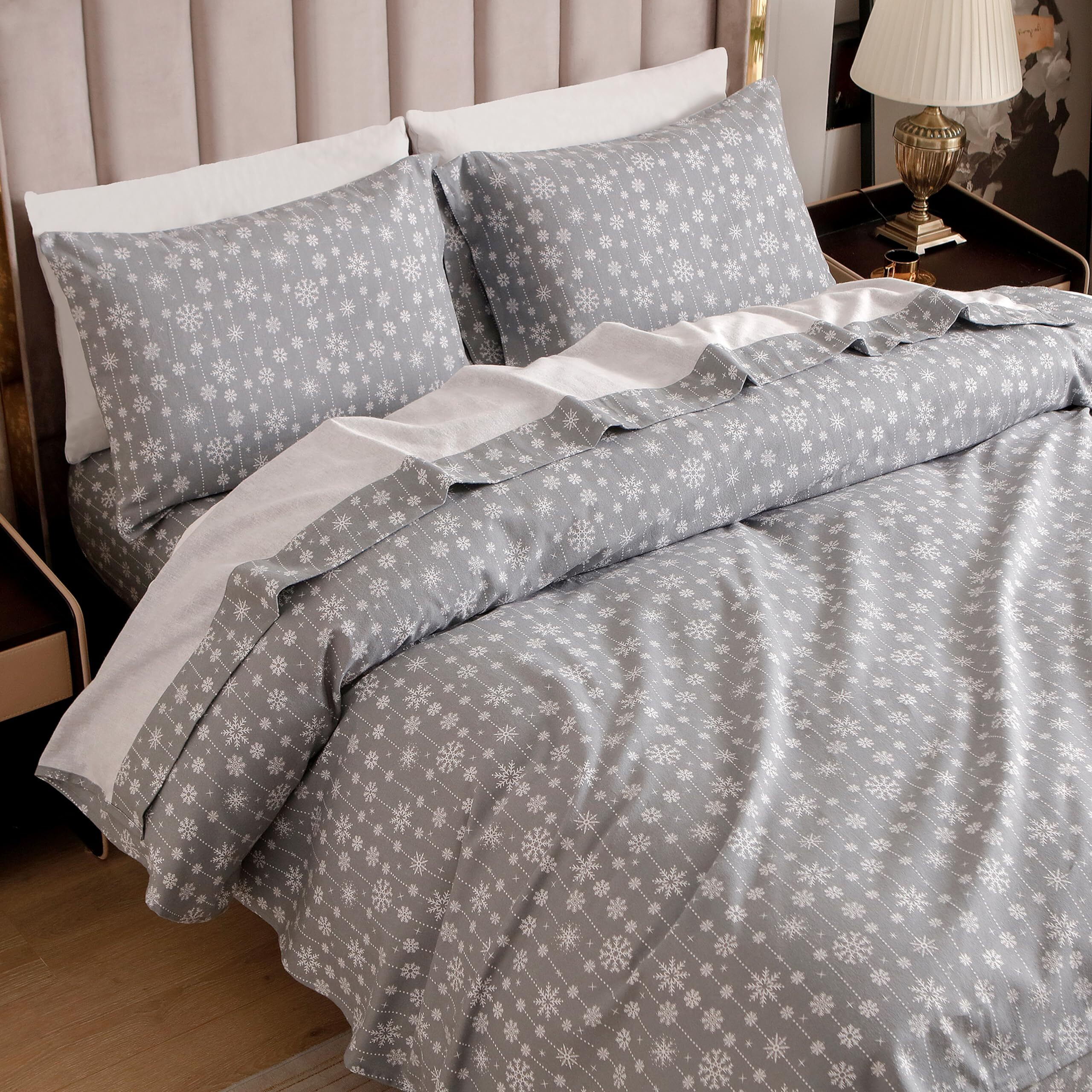 Elegant Comfort Ultra Soft 4-Piece 100% Turkish Cotton Flannel Sheet Set - Holiday Christmas Flannel Sheets  Warm And Cozy Premium Quality  Deep Pocket Fitted Sheet- Full  Snowflake Gray