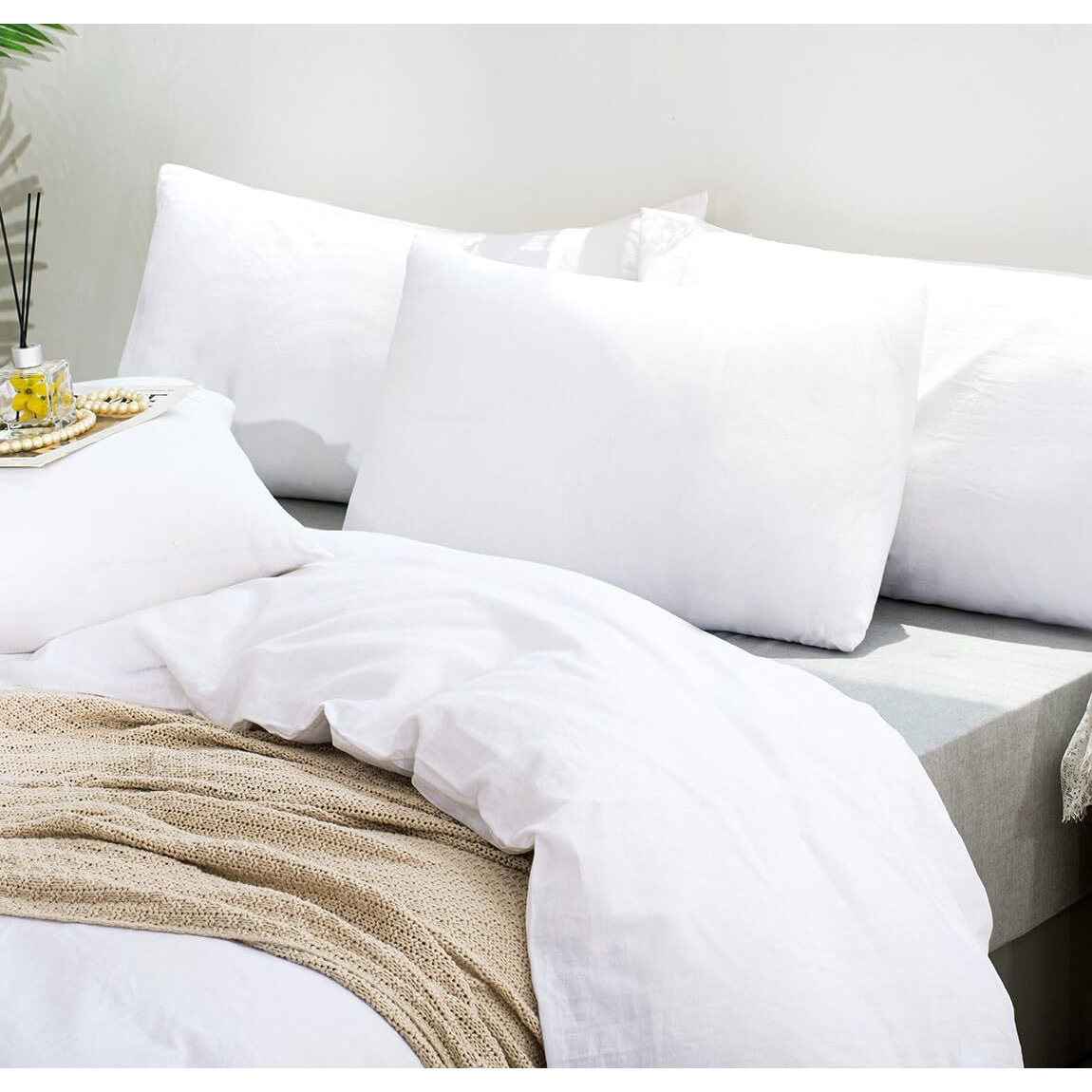 Tumei 100% Linen King Pillow Cases(35.83"&quot20.08"") - Set Of 2 King Size Bed Pillow Cover Washed Solid Color Natural Flax Soft Breathable White King