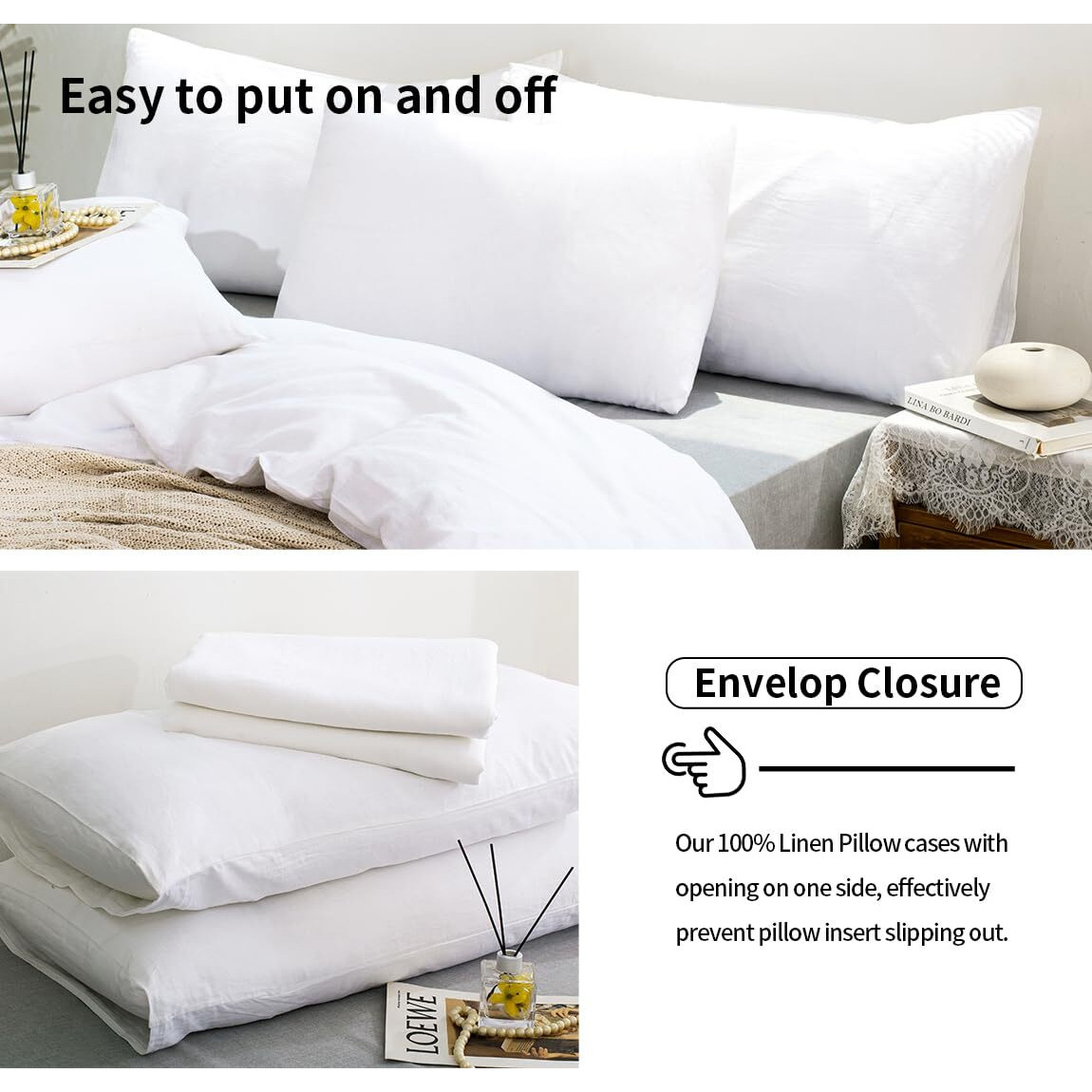Tumei 100% Linen King Pillow Cases(35.83"&quot20.08"") - Set Of 2 King Size Bed Pillow Cover Washed Solid Color Natural Flax Soft Breathable White King