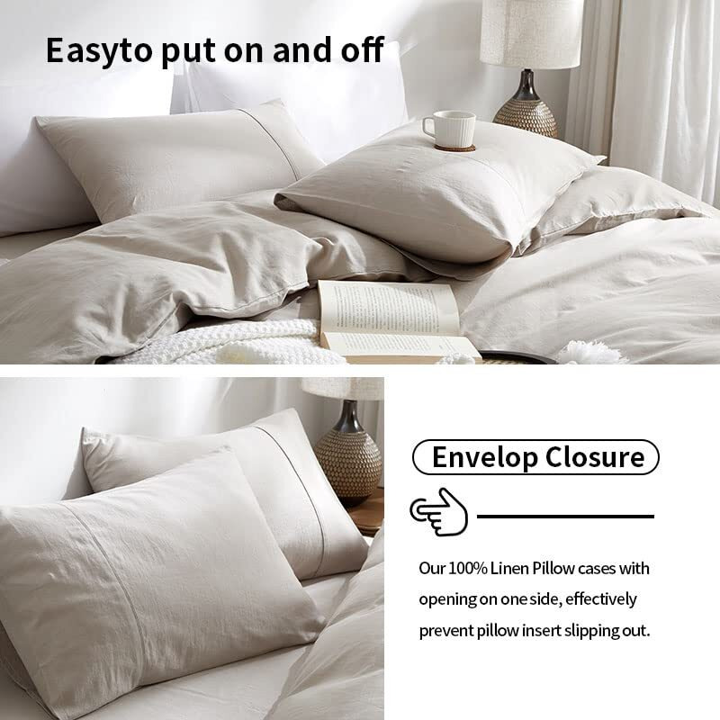 Tumei 100% Linen Pillow Cases King  Set Of 2 King Size Linen Bed Pillow Shams Cover Washed Solid Color Natural Flax Soft Breathable  (35.83"&quot20.08"")