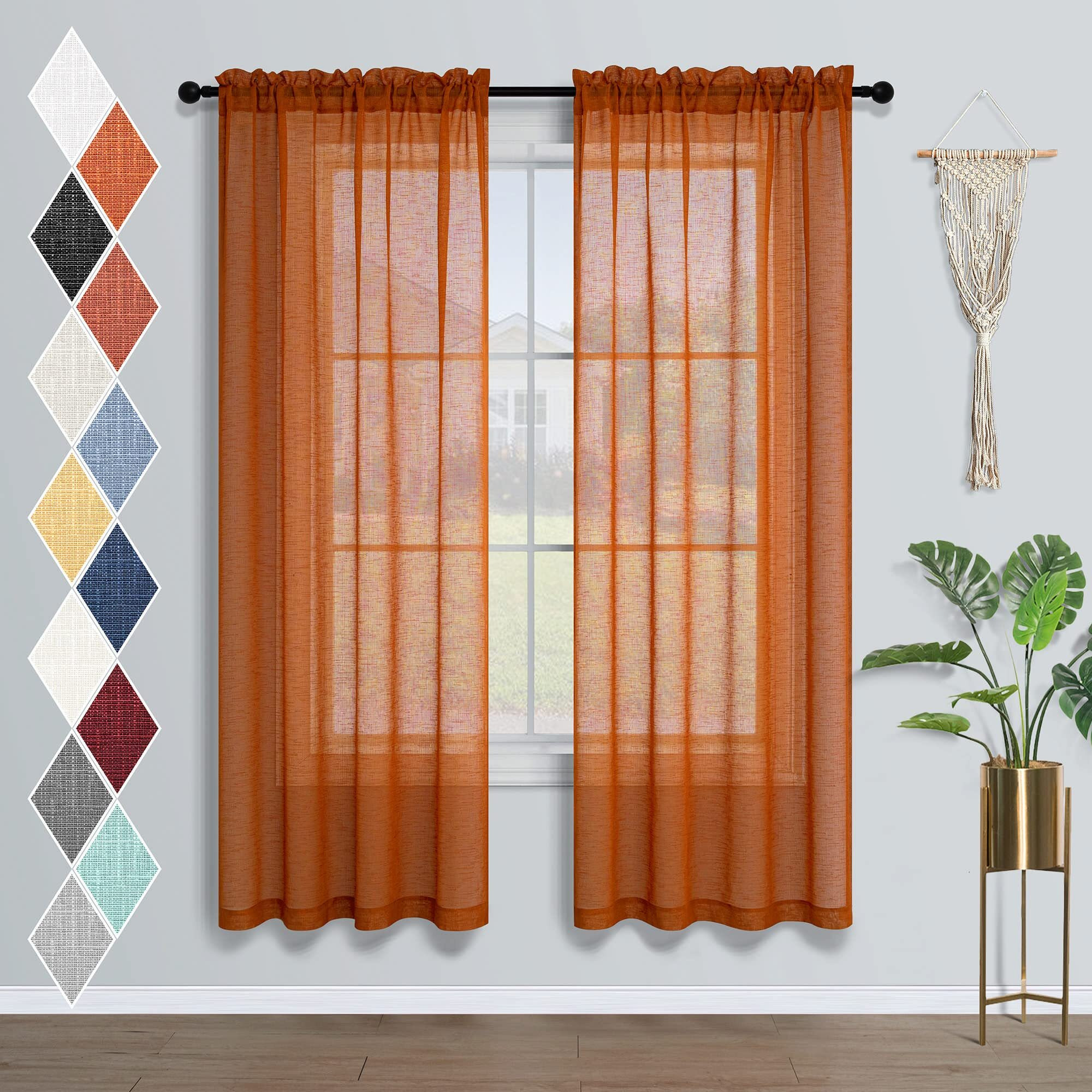 Burnt Orange Textured Curtains 63 Inch Length For Bedroom Rod Pocket Bohemian Semi Sheer Light Filtering Drapes For Living Room Pumpkin Boho Decor Rust Tangerine 63 Inches Long Set 2 Panels