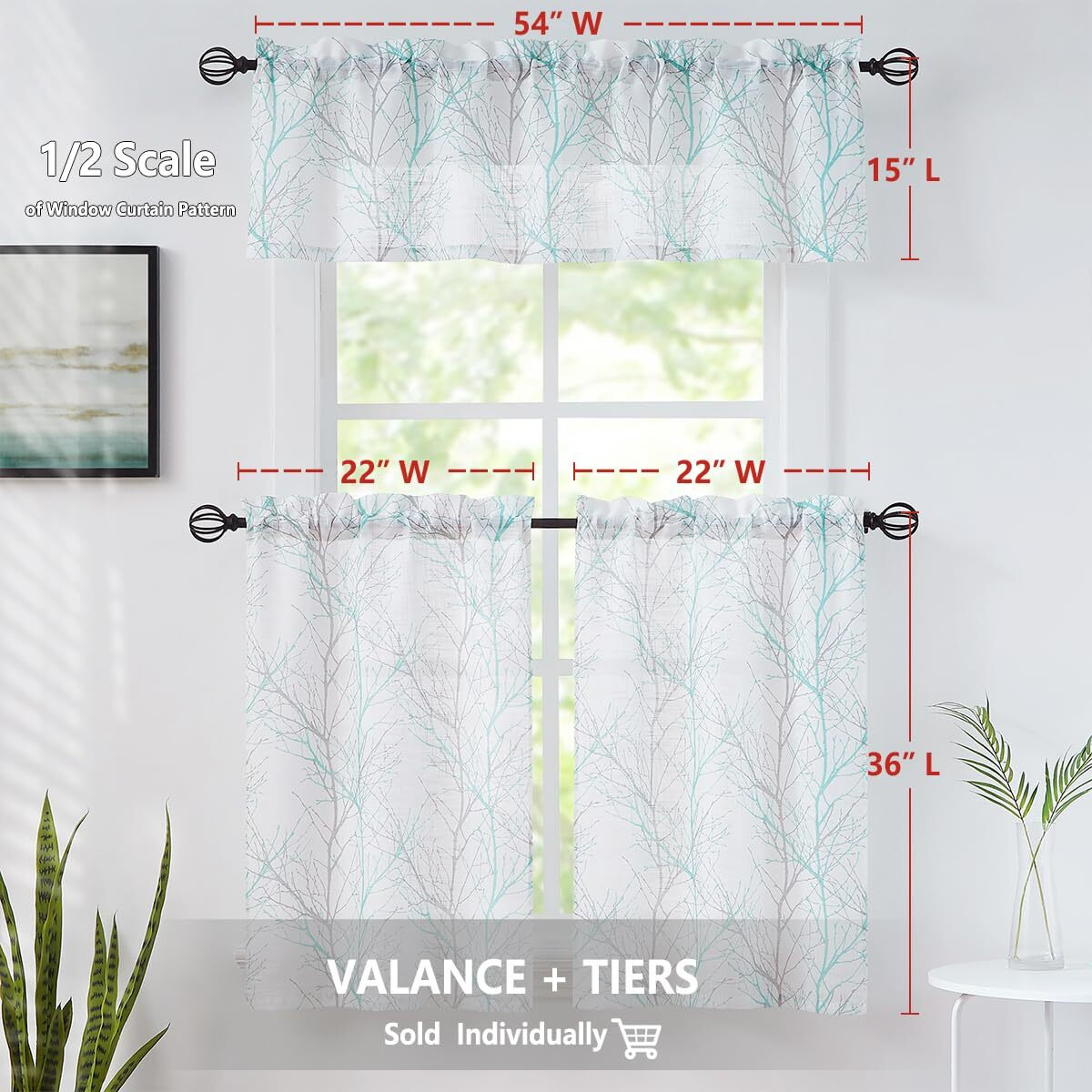 Fmfunctex Tree Print Semi-Sheer Valance Curtain For Windows 15 Inch Length Branch Design Kitchen Valance For Bathroom 50"" W 1 Panel