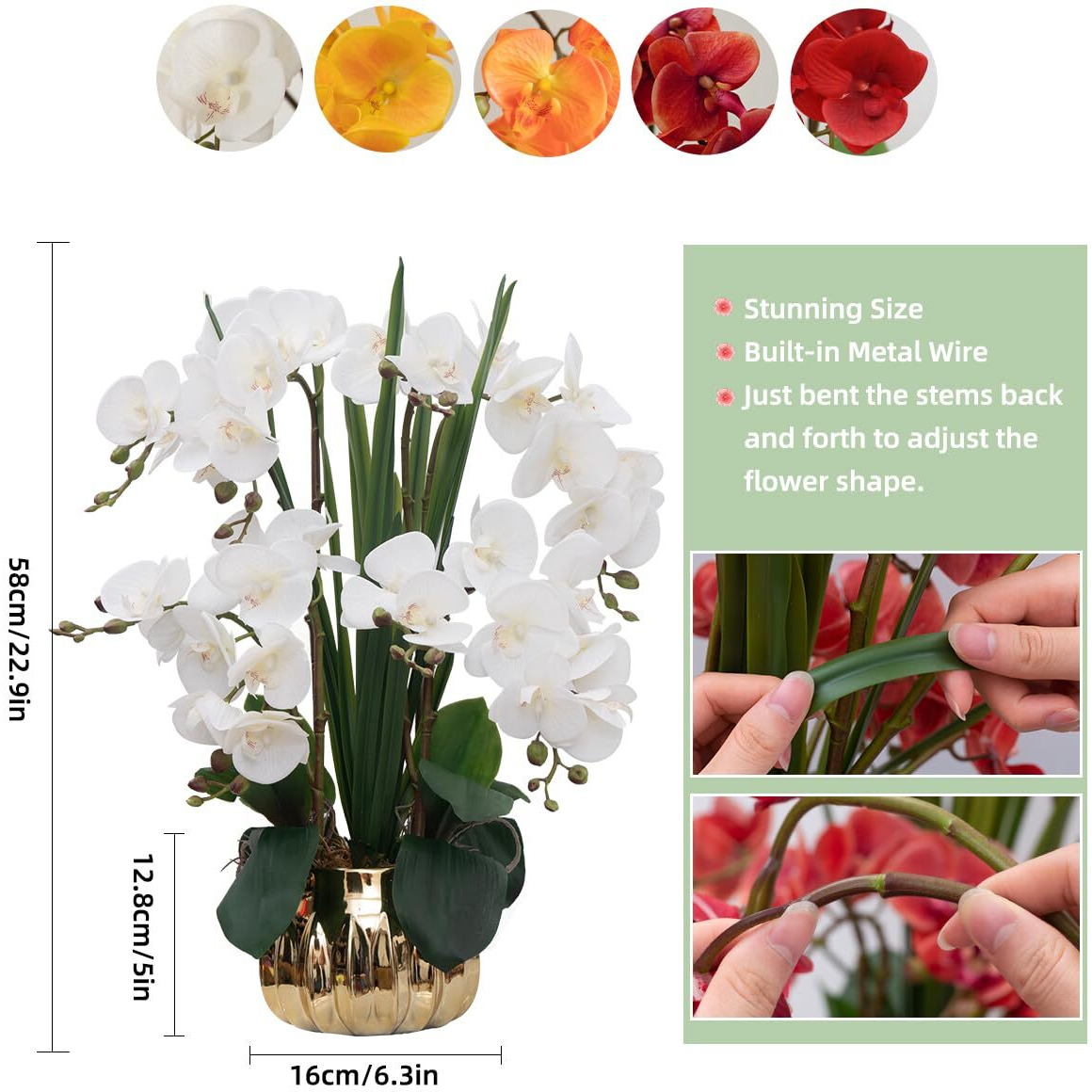 Cxgs Artificial Orchid Flower Real Touch Faux Orchids In Ceramic Vase Large 22.9'' Fake Flowers White Phalaenopsis Floral For Home Indoor Decor