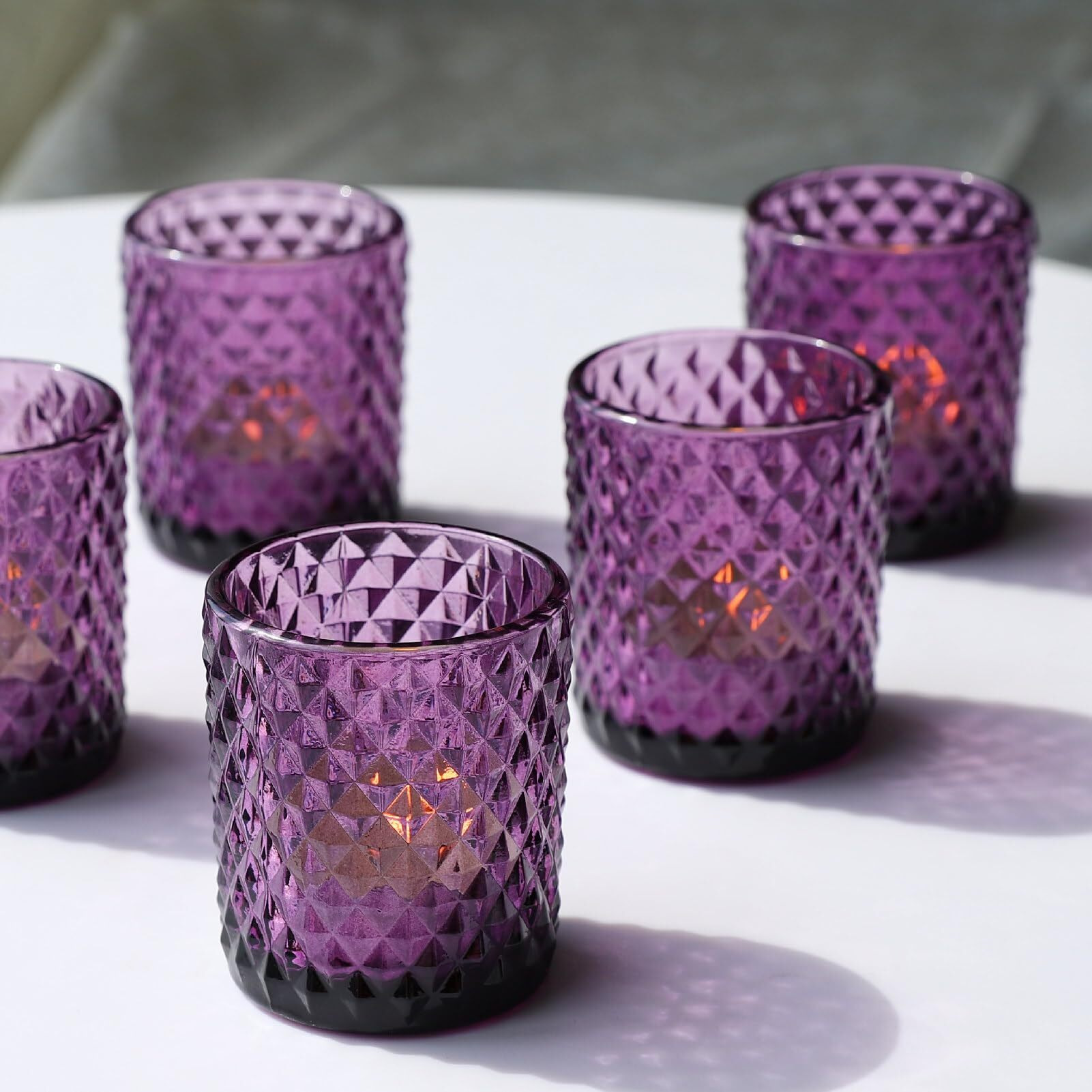 Woho 24Pcs Purple Votive Candle Holders  Glass Tea Lights Candle Holder For Wedding Table Centerpiece  Studded Diamond Tealight Candle Holder For Tealight Candles/Votive Candles