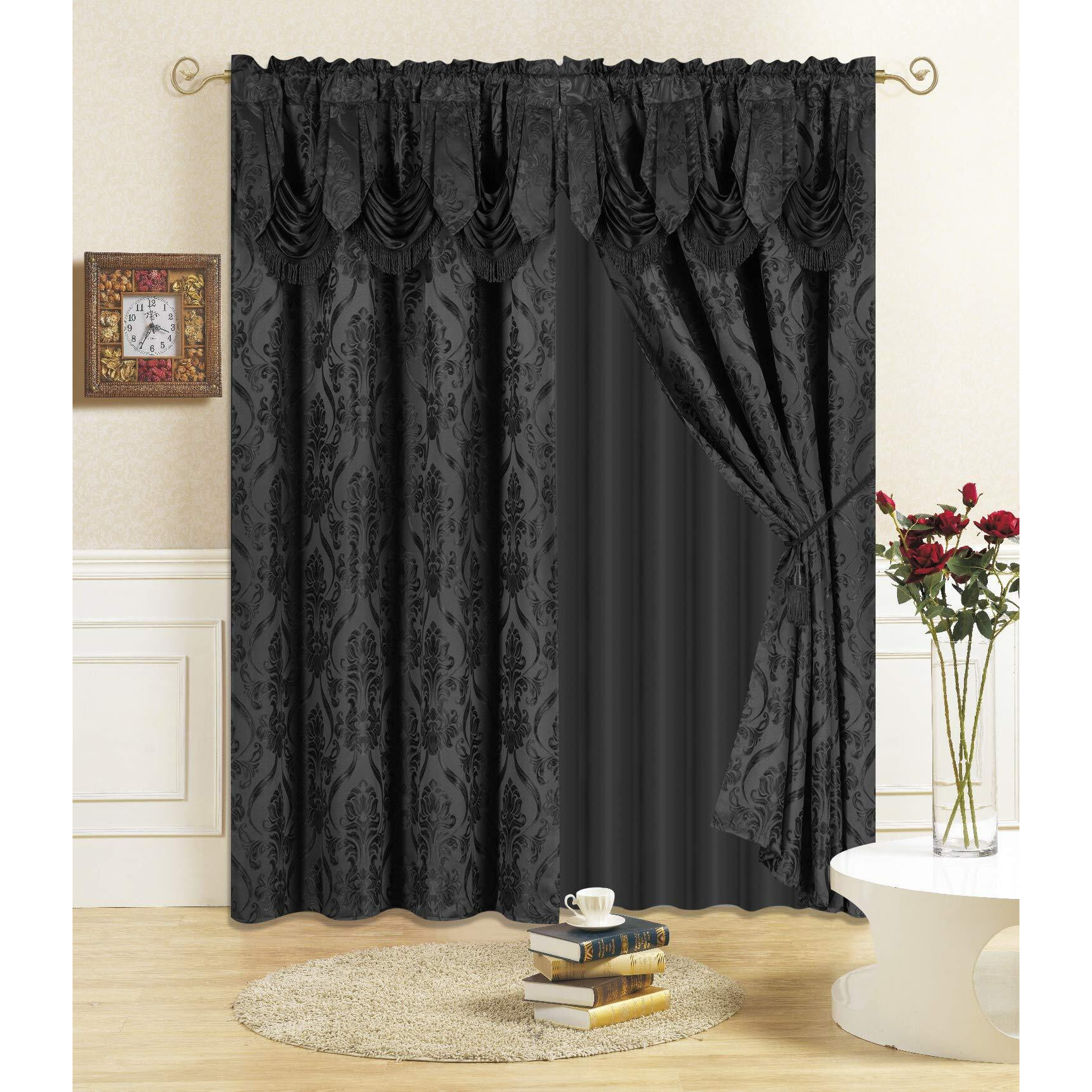 All American Collection New 4 Piece Drape Set With Attached Valance And Sheer With 2 Tie Backs Included (96"" Length  Black)