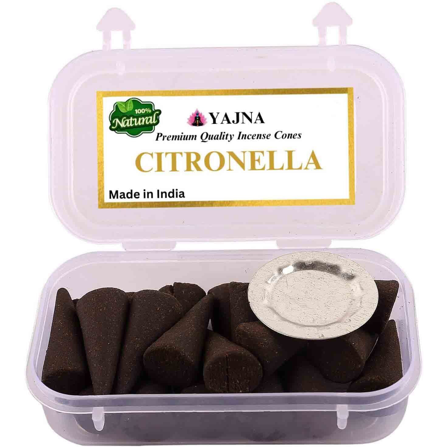 Yajna Citronella 100%-Natural-Incense-Cones Handmade-Hand-Dipped Organic-Chemicals-Free For-Purification-Relaxation-Positivity-Yoga-Meditation The-Best-Scents (20 Count)