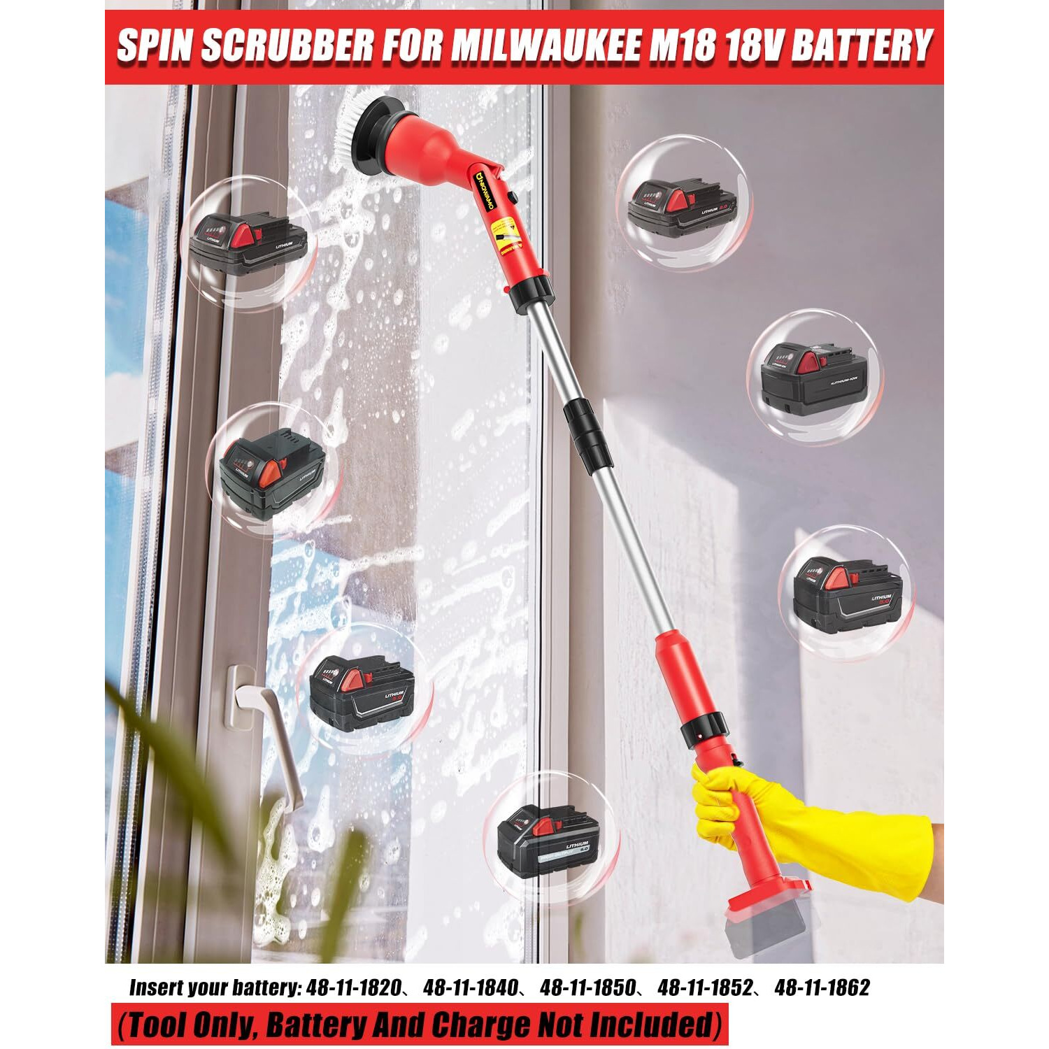Electric Spin Scrubber For Milwaukee M18 18V Battery(Battery Not Included)  1000 Rpm Battery Powered Scrubber With Adjustable Extension Arm & 8 Brushes & Hook Gloves For Tub/Tile/Floor