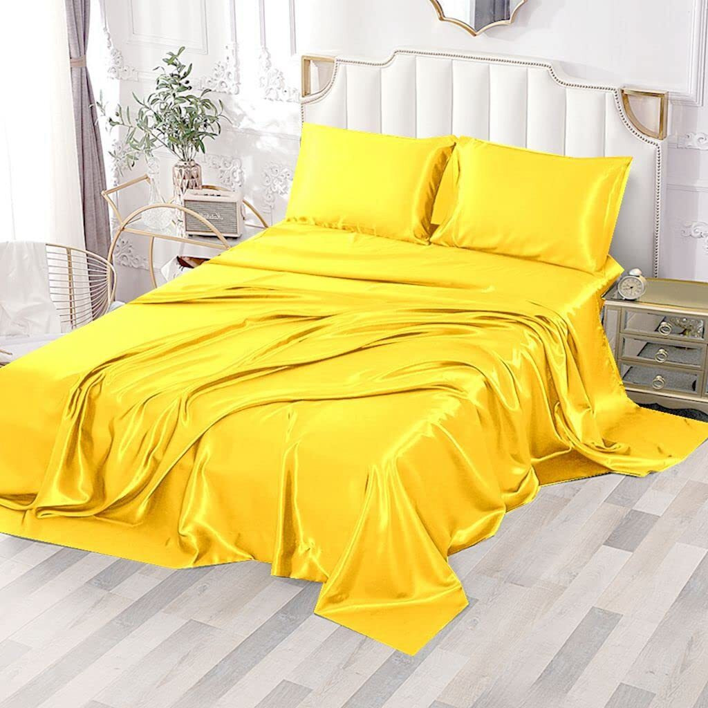 Sfoothome Silky Satin Sheets  3-Pieces Twin Size Satin Bed Sheet Set With Deep Pockets  Cooling Satin Sheets Twin - Yellow