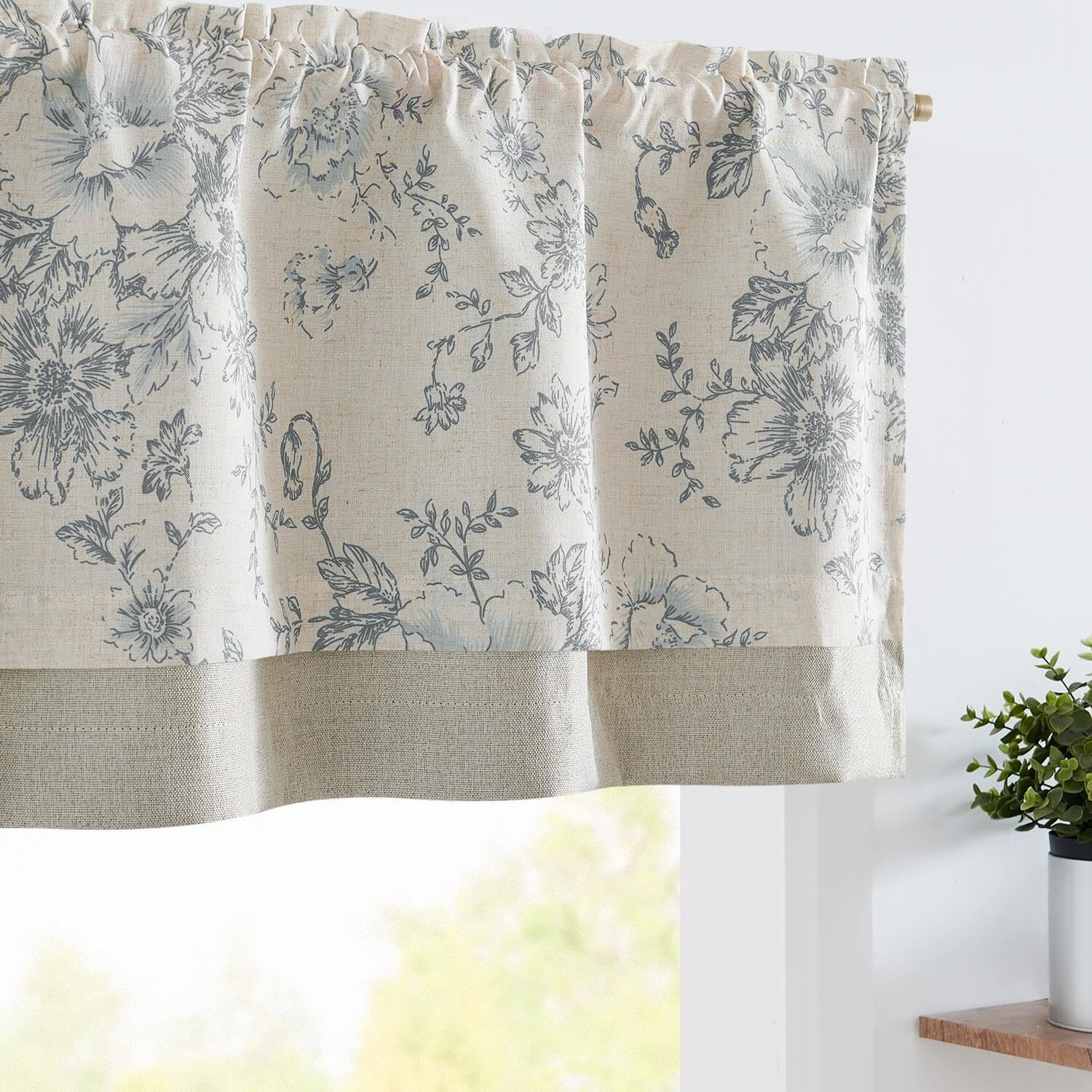 Jinchan Linen Floral Valance Double Layer Kitchen Window Curtain Grey Flower On Beige Valance For Living Room Cafe Farmhouse Room Darkening Rustic Country Curtain 18 Inch Rod Pocket One Panel