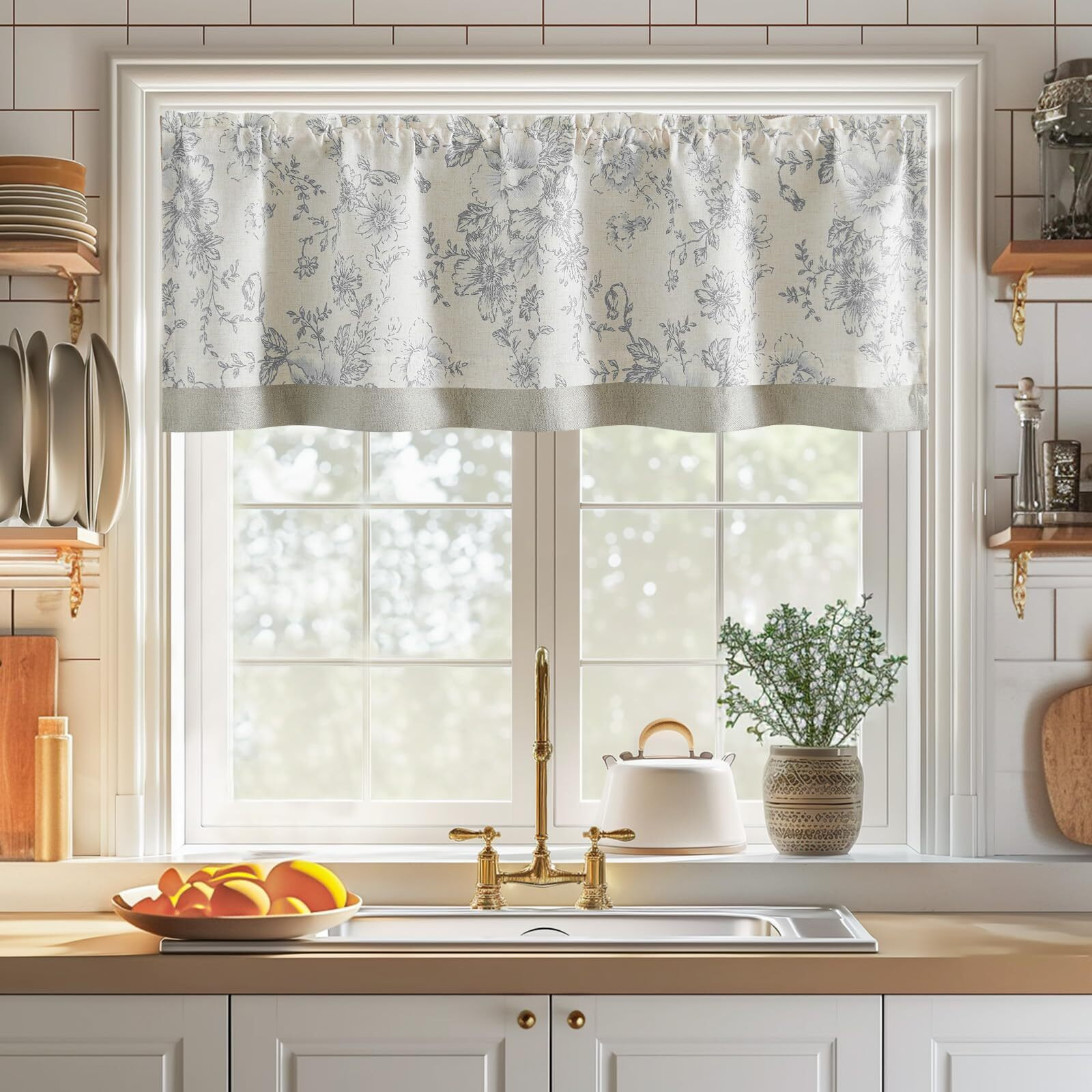 Jinchan Linen Floral Valance Double Layer Kitchen Window Curtain Grey Flower On Beige Valance For Living Room Cafe Farmhouse Room Darkening Rustic Country Curtain 18 Inch Rod Pocket One Panel