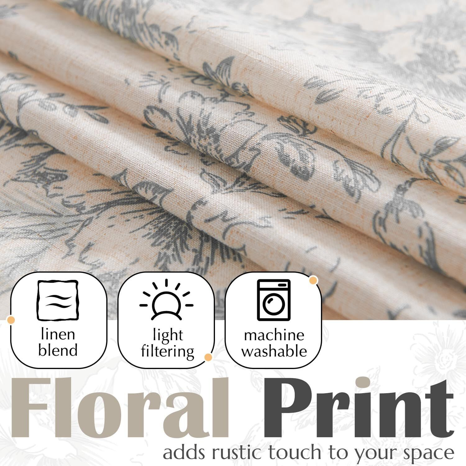 Jinchan Linen Floral Valance Double Layer Kitchen Window Curtain Grey Flower On Beige Valance For Living Room Cafe Farmhouse Room Darkening Rustic Country Curtain 18 Inch Rod Pocket One Panel