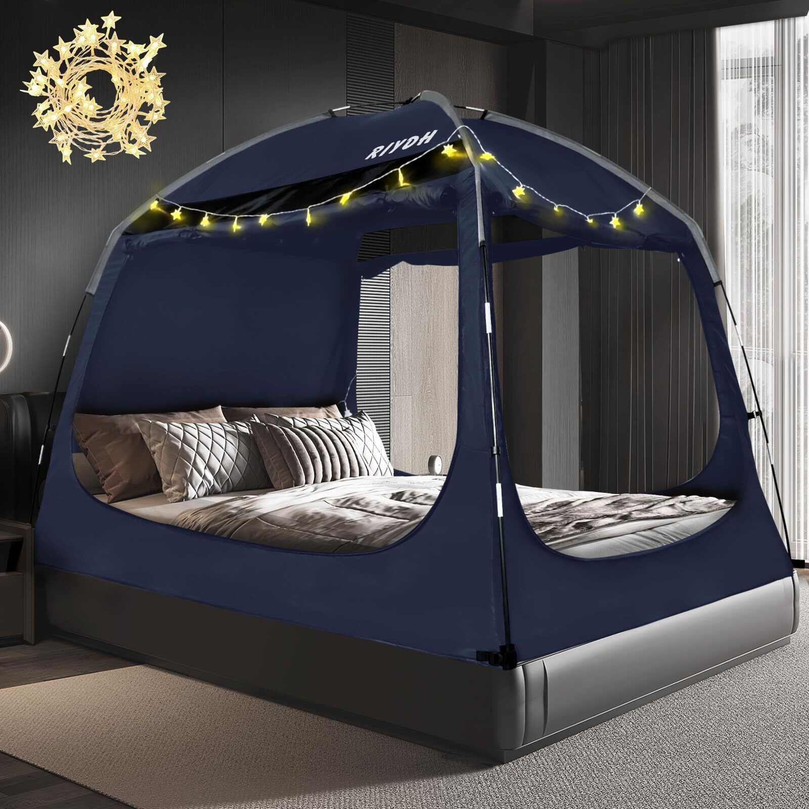 Riydh Bed Tent Bed Canopy Breathable 100% For Adult And Kids Light Reduction Sleeping Dream Tents Indoor Portable Big Space With String Light 3 Doors Twin Full Queen King Size