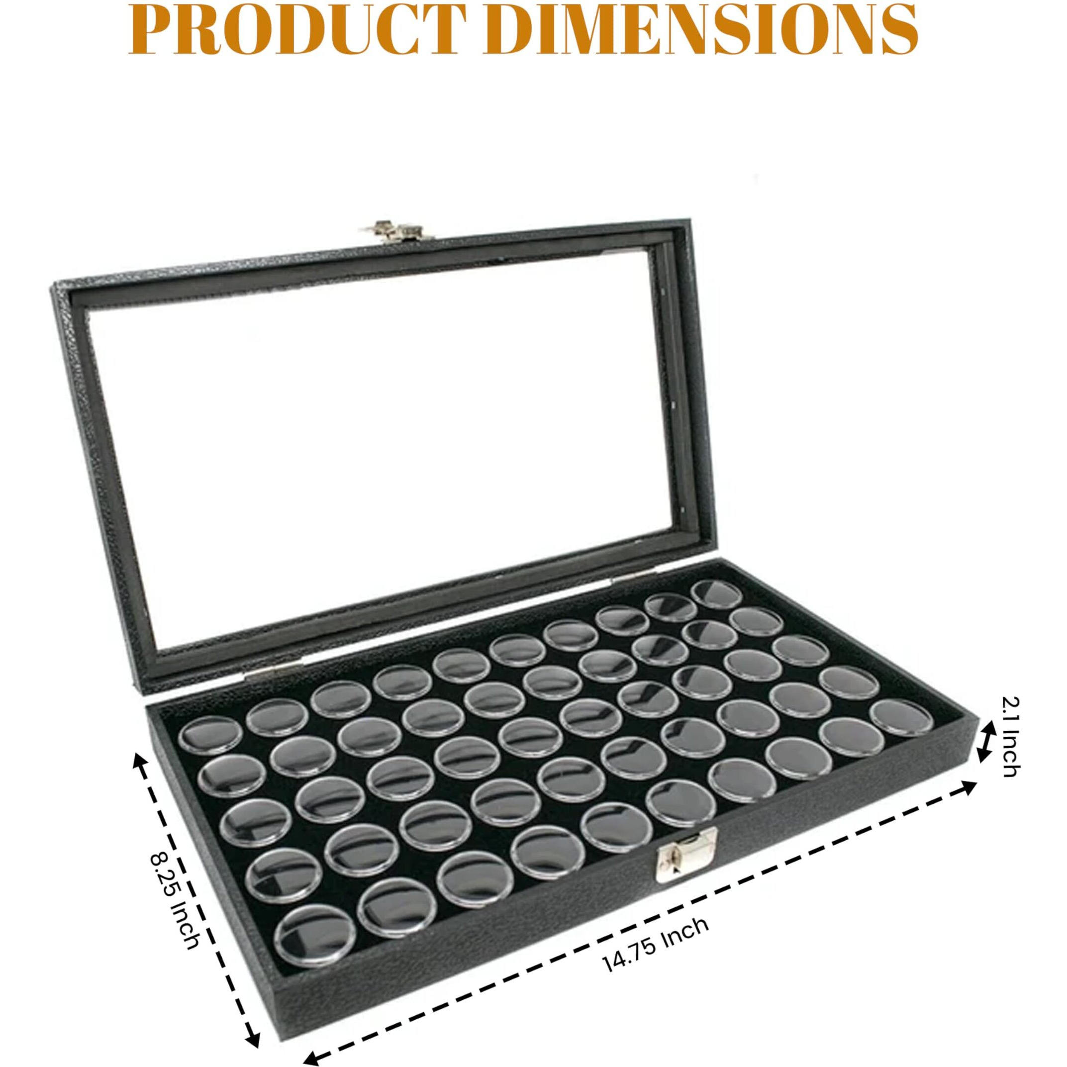 Novel Box Large Jewelry Display Case 14.75X8.25X2.1 + Small Size 50 Gems Jars | Glass Jewelry Box With Lid & Black Tray Foam Liner | Rock Storage Box With Metal Clasp | Display Box For Collectibles