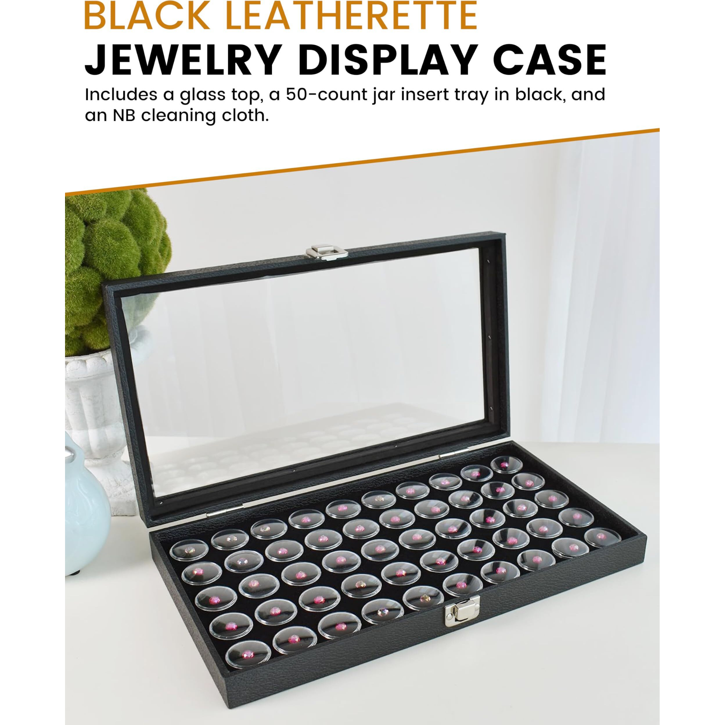 Novel Box Large Jewelry Display Case 14.75X8.25X2.1 + Small Size 50 Gems Jars | Glass Jewelry Box With Lid & Black Tray Foam Liner | Rock Storage Box With Metal Clasp | Display Box For Collectibles
