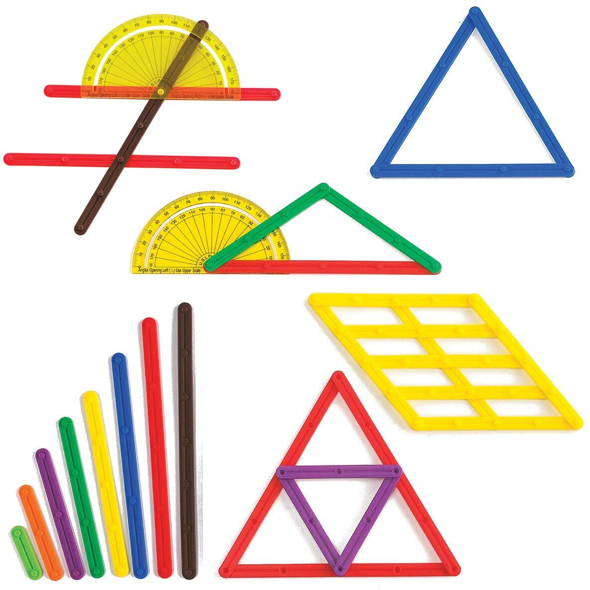 Learning Advantage Geostix Basic Set - 80 Construction Sticks - 24 Activity Cards - 2 Protractors - Build 2D Shapes And Measure Angles - Teach Geometry With Construction