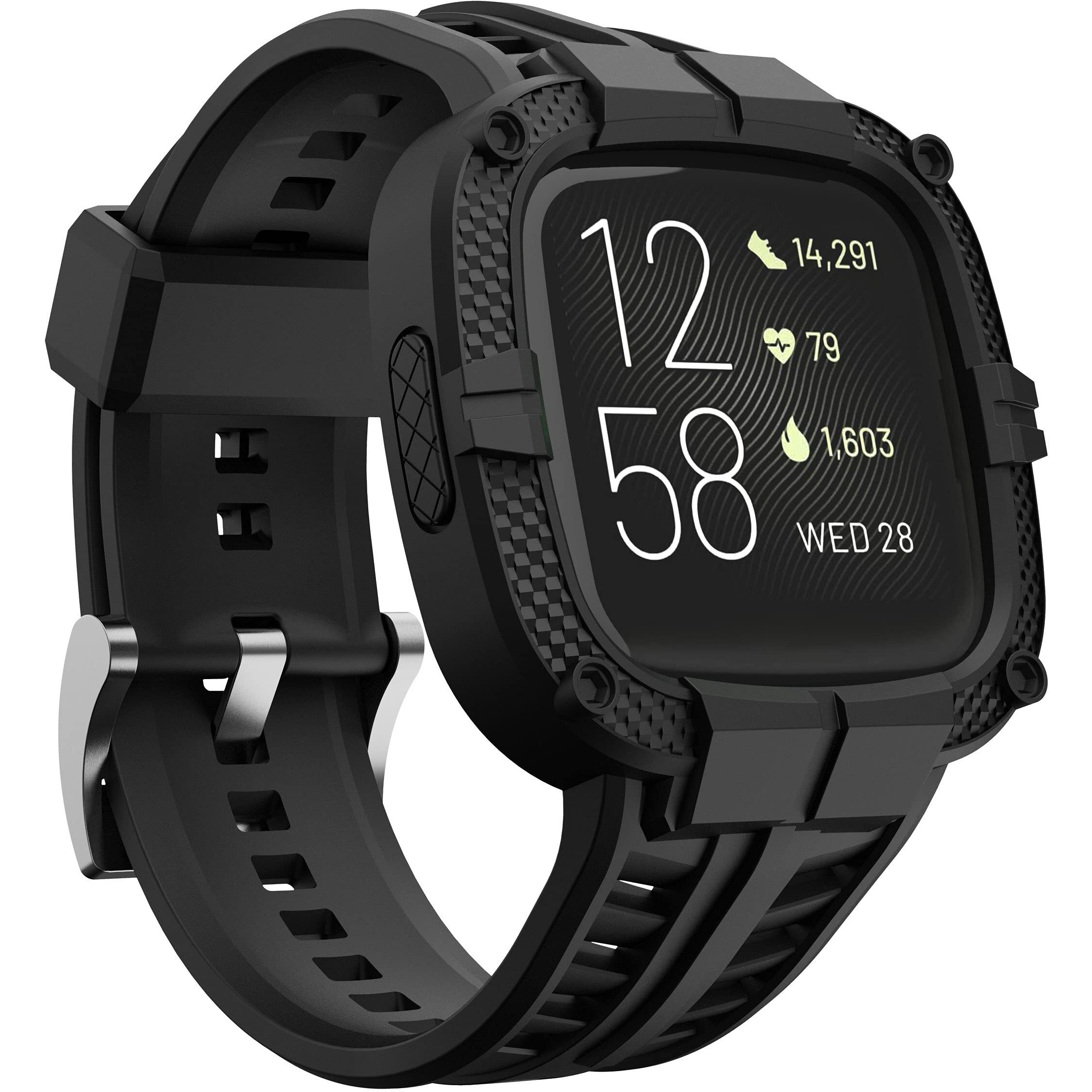 Gelishi Compatible For Fitbit Versa 2 Bands All Round Protective Case Rugged Sport Band Wristbands For Men Women Black