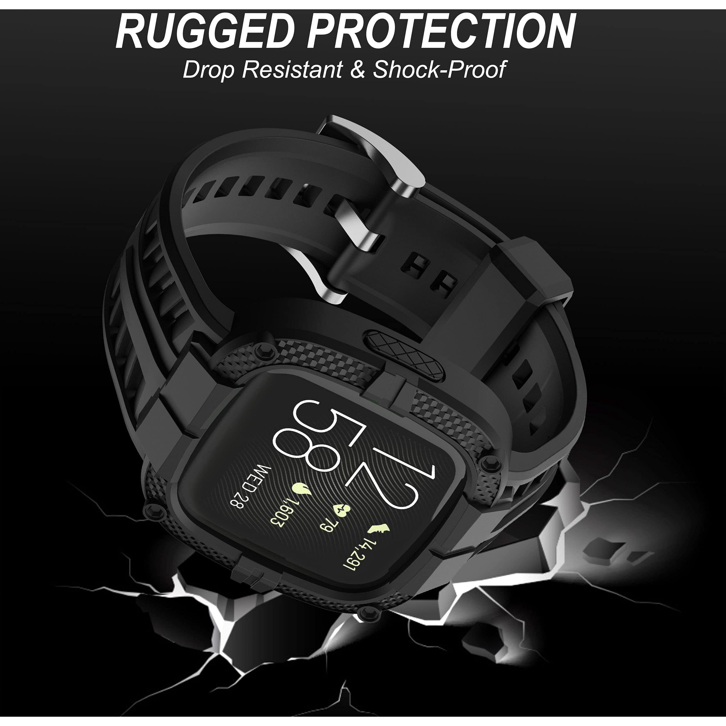 Gelishi Compatible For Fitbit Versa 2 Bands All Round Protective Case Rugged Sport Band Wristbands For Men Women Black